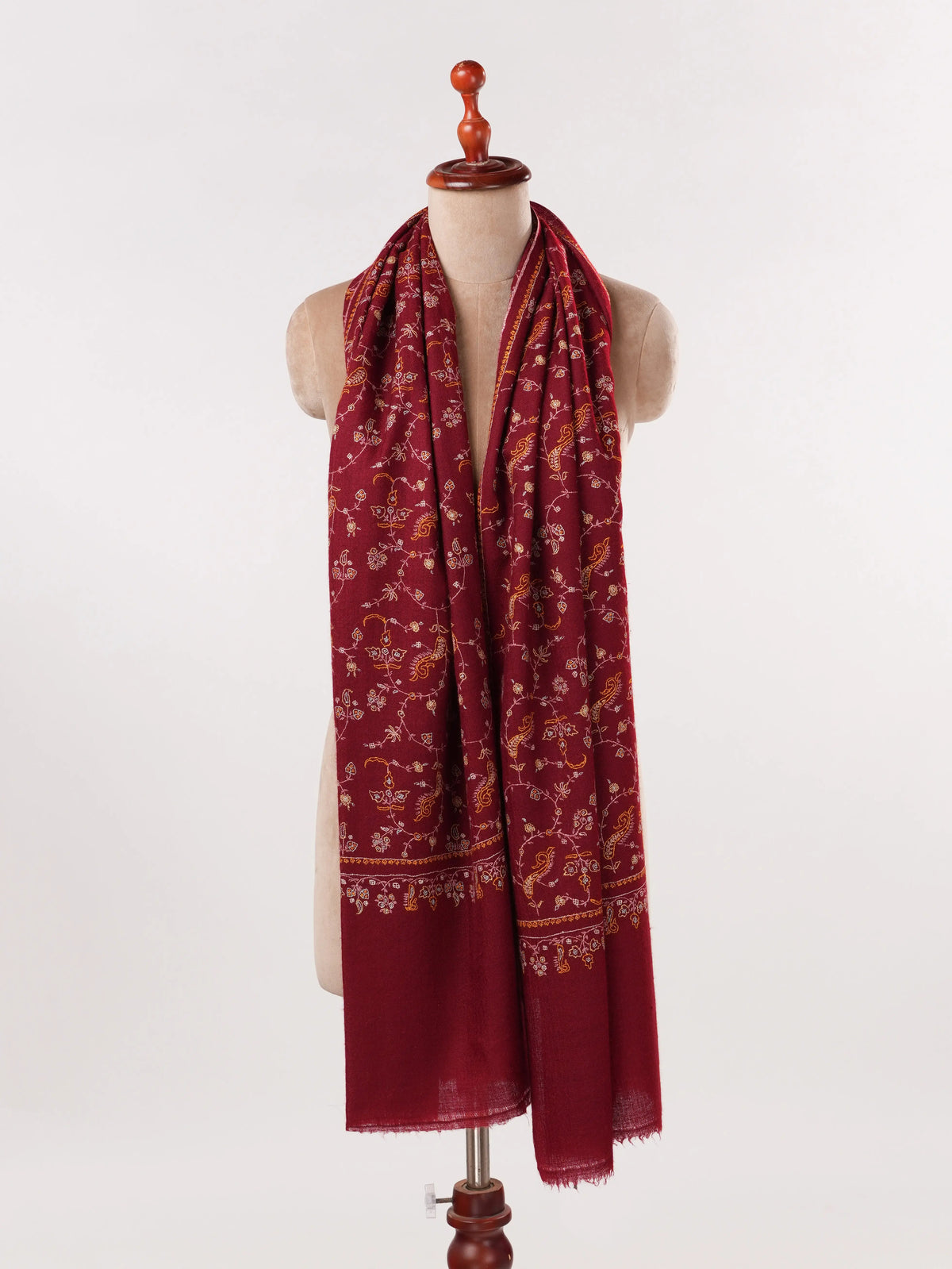 Kashmiri Burgundy Cashmere Scarf with Jali Hand Embroidery Shahkaar.com