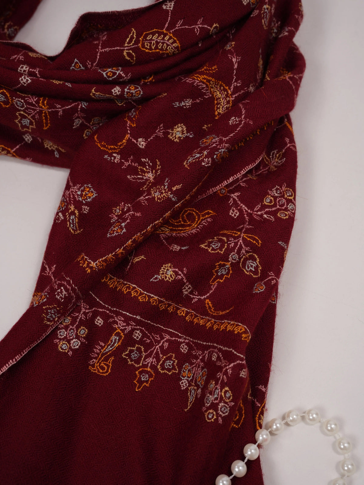 Kashmiri Burgundy Cashmere Scarf with Jali Hand Embroidery Shahkaar.com