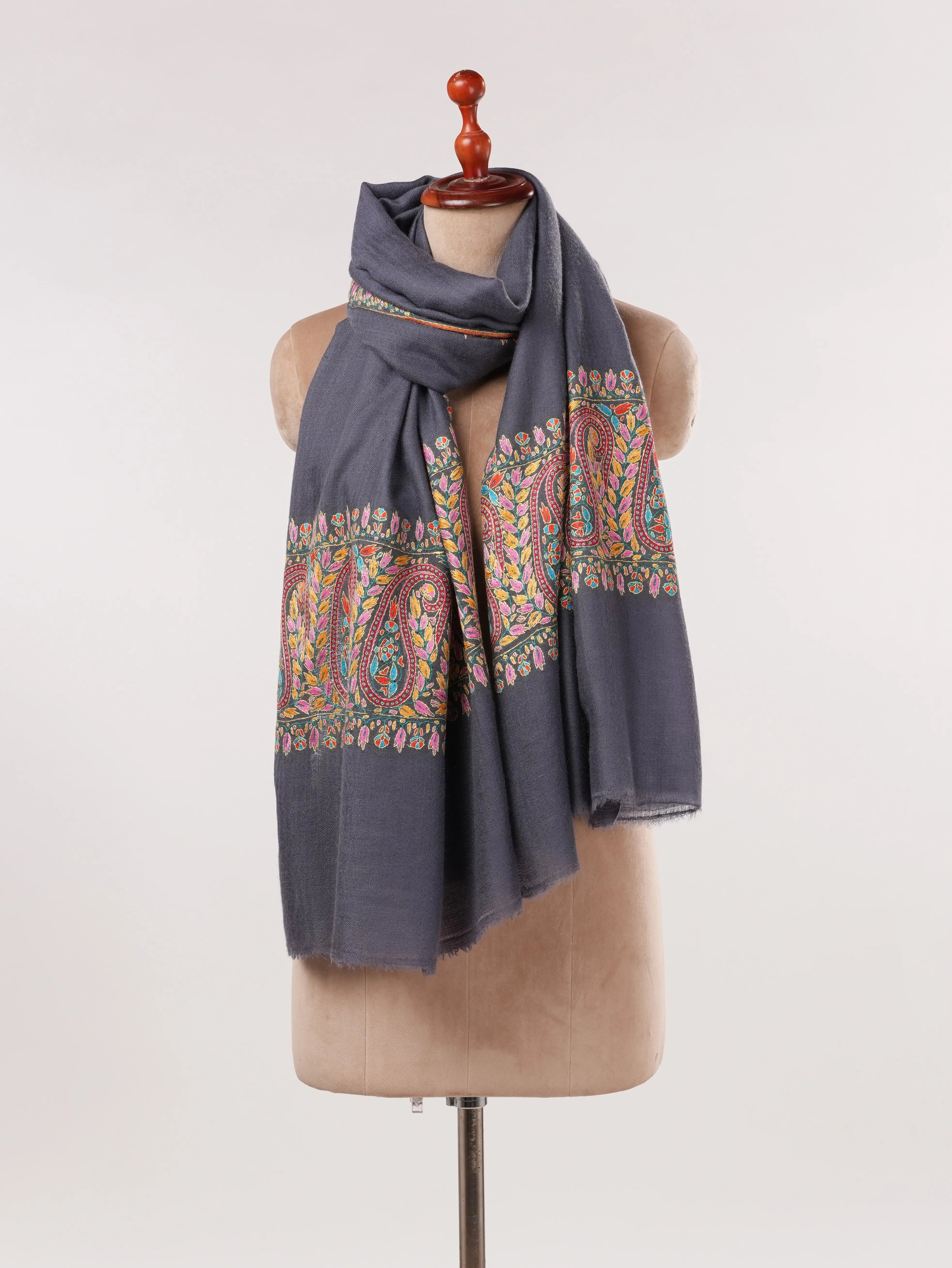 Grey Handwoven Cashmere Scarf with Palldar Papermachie Hand Sozni Embroidery Shahkaar.com