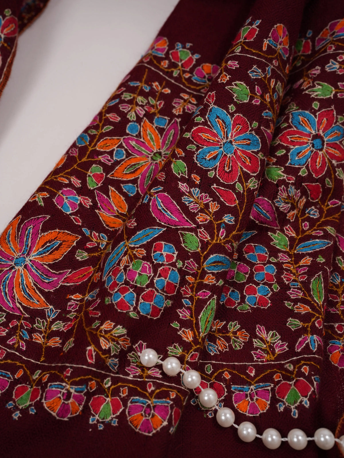 Handwoven Maroon Cashmere Scarf with Palldar Papermachie Embroidery Shahkaar.com