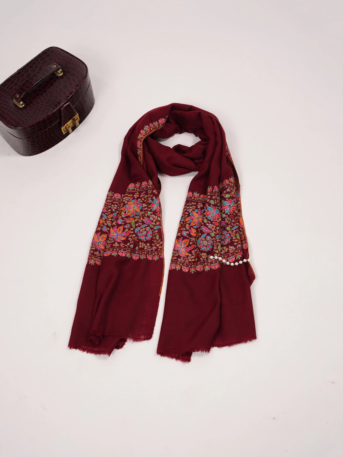 Handwoven Maroon Cashmere Scarf with Palldar Papermachie Embroidery Shahkaar.com