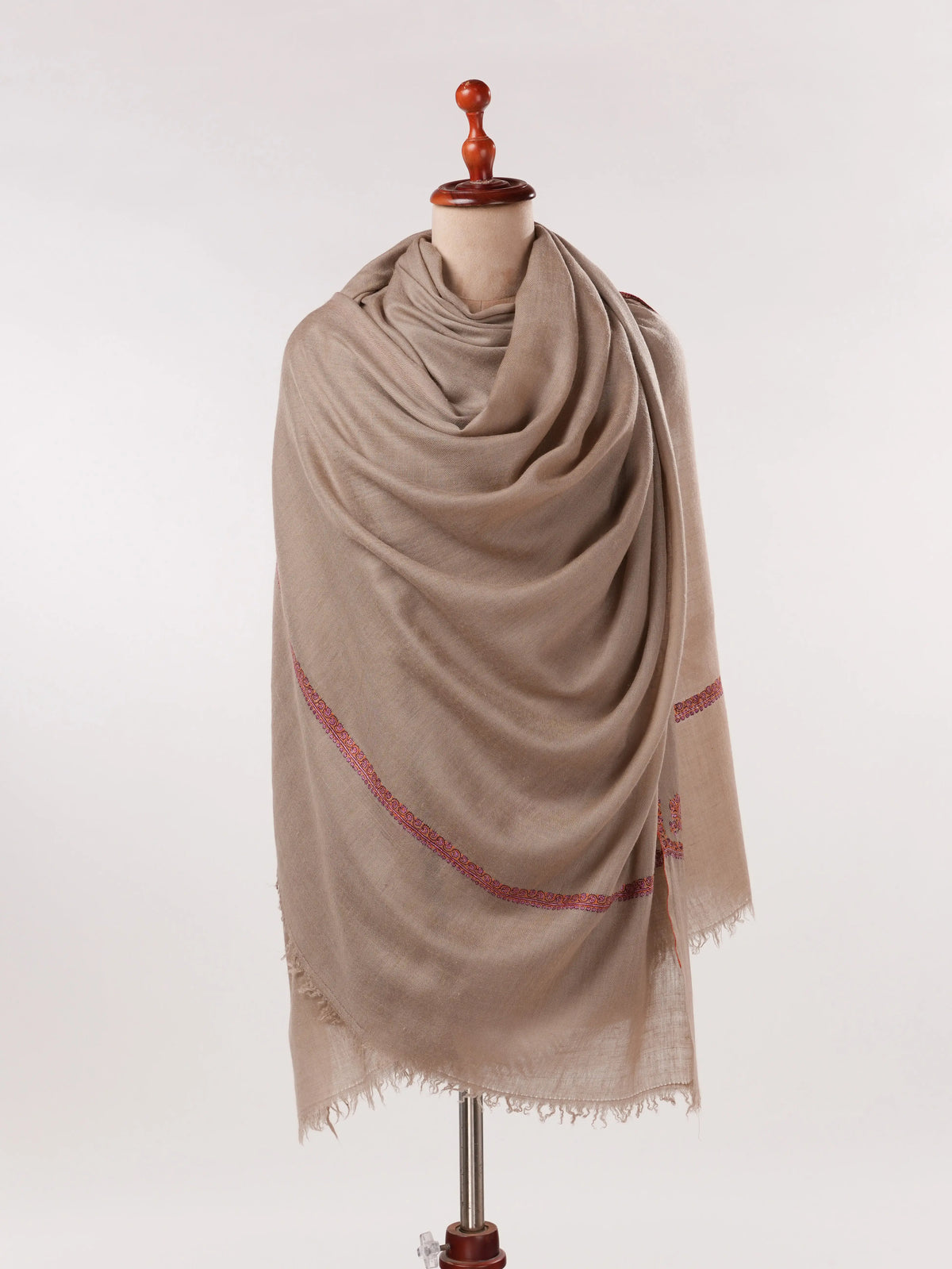 Taupe Baildar Handwoven Pashmina Shawl with Hand Embroidery Shahkaar.com