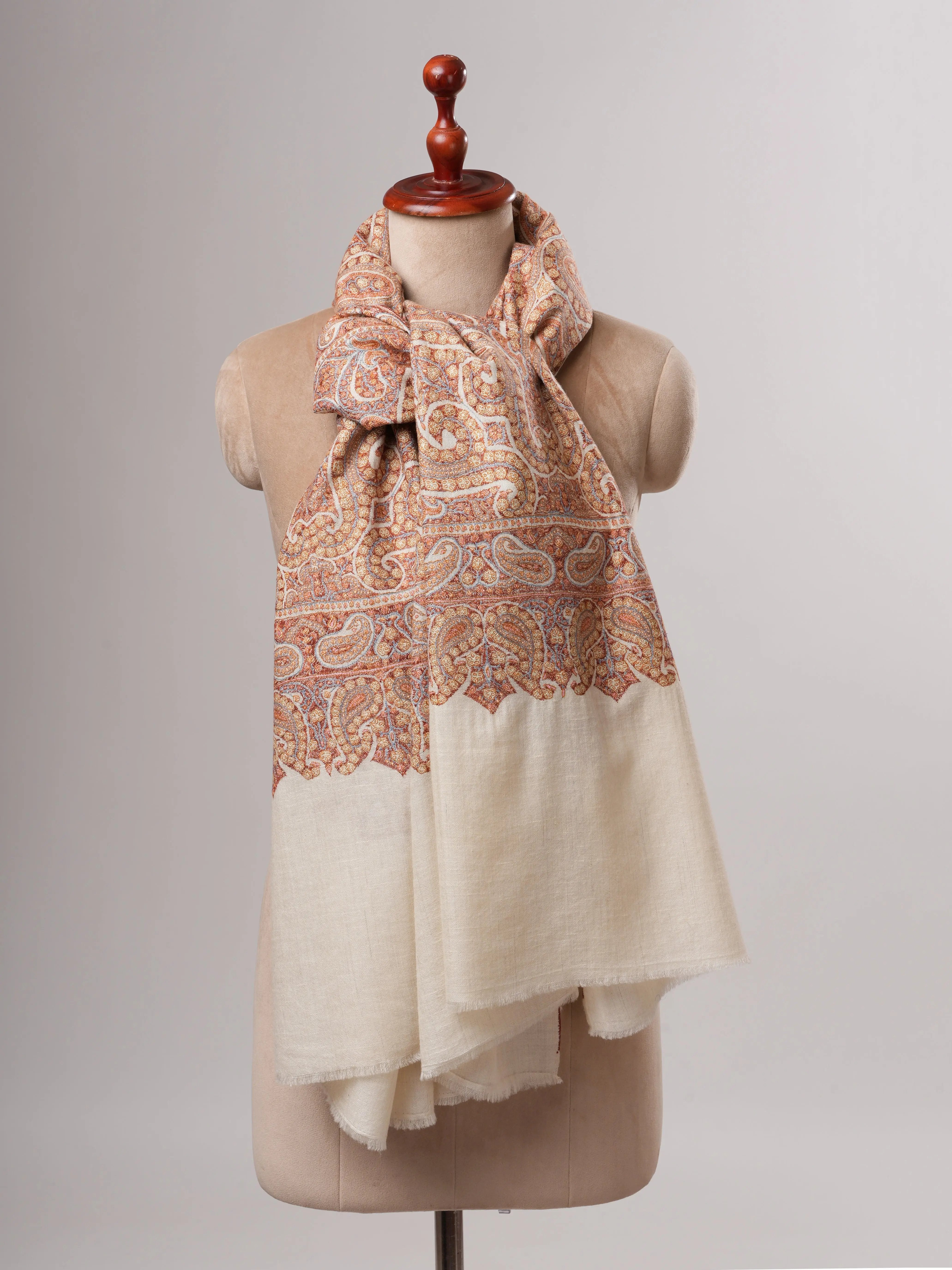 Kashmiri Ivory Pashmina Shawl with Detailed Sozni 8 Paisley Motif Shahkaar