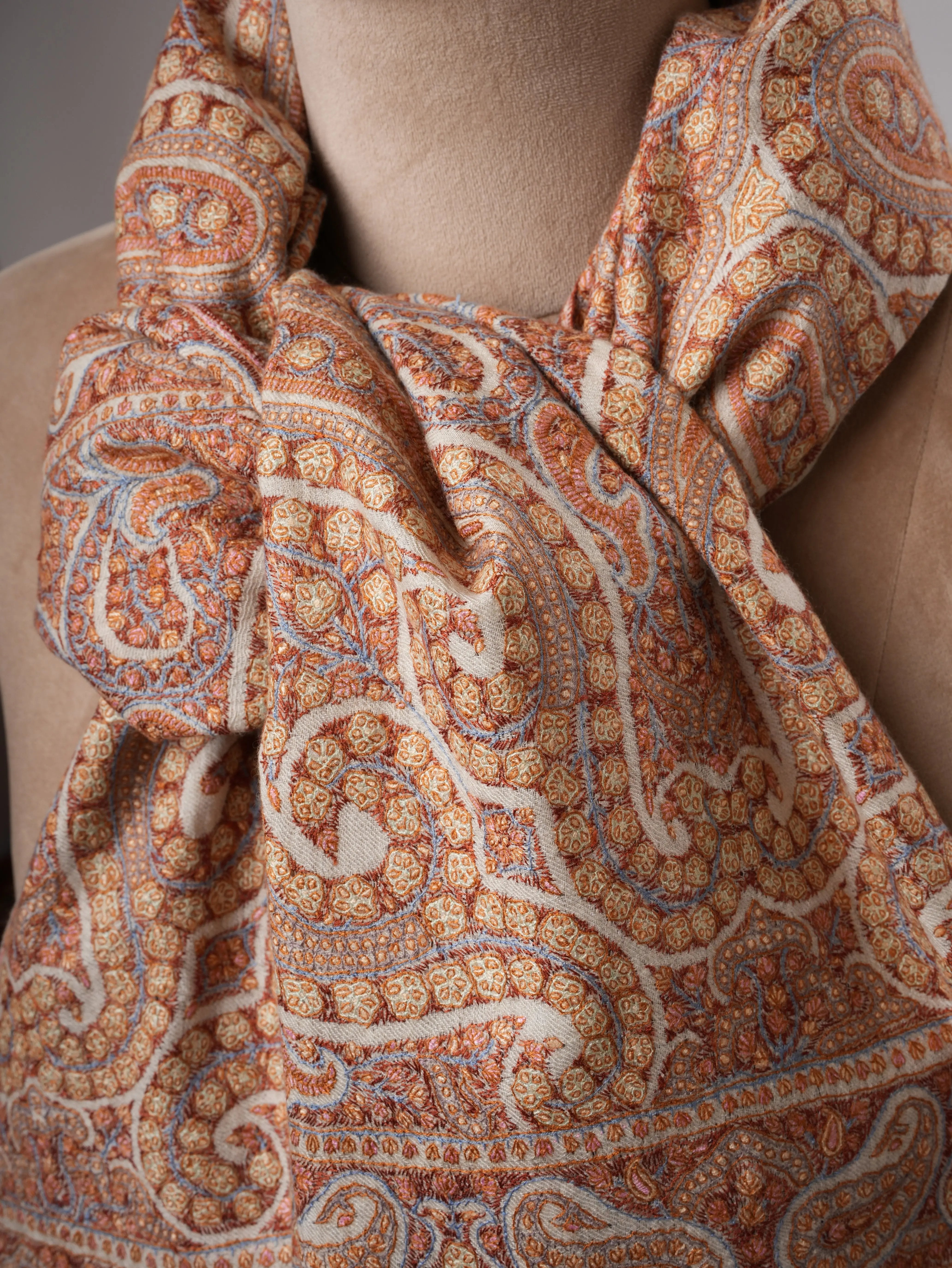 Kashmiri Ivory Pashmina Shawl with Detailed Sozni 8 Paisley Motif Shahkaar