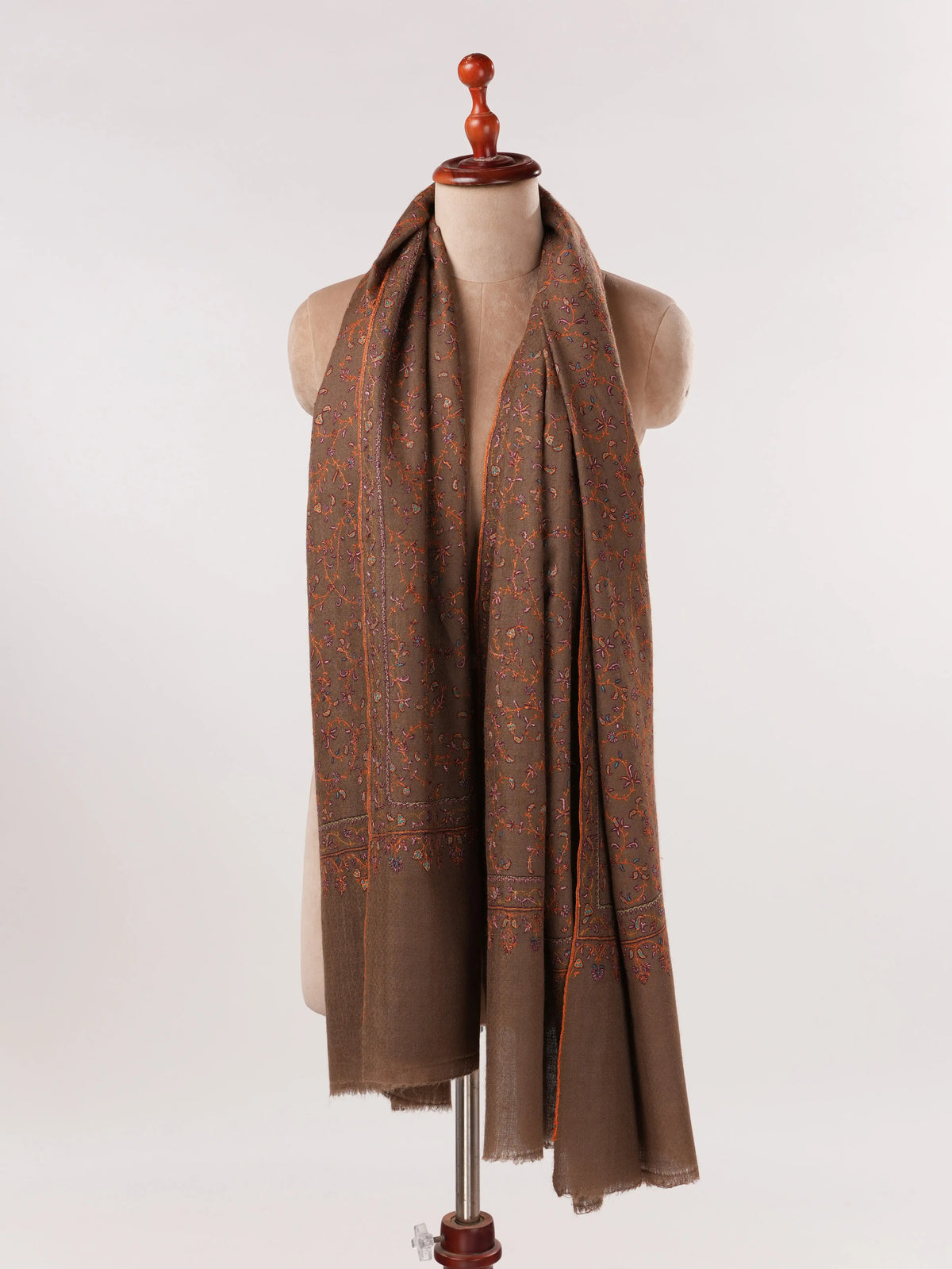 Dark Taupe Pashmina Shawl with Jali Hand Sozni Embroidery Shahkaar.com