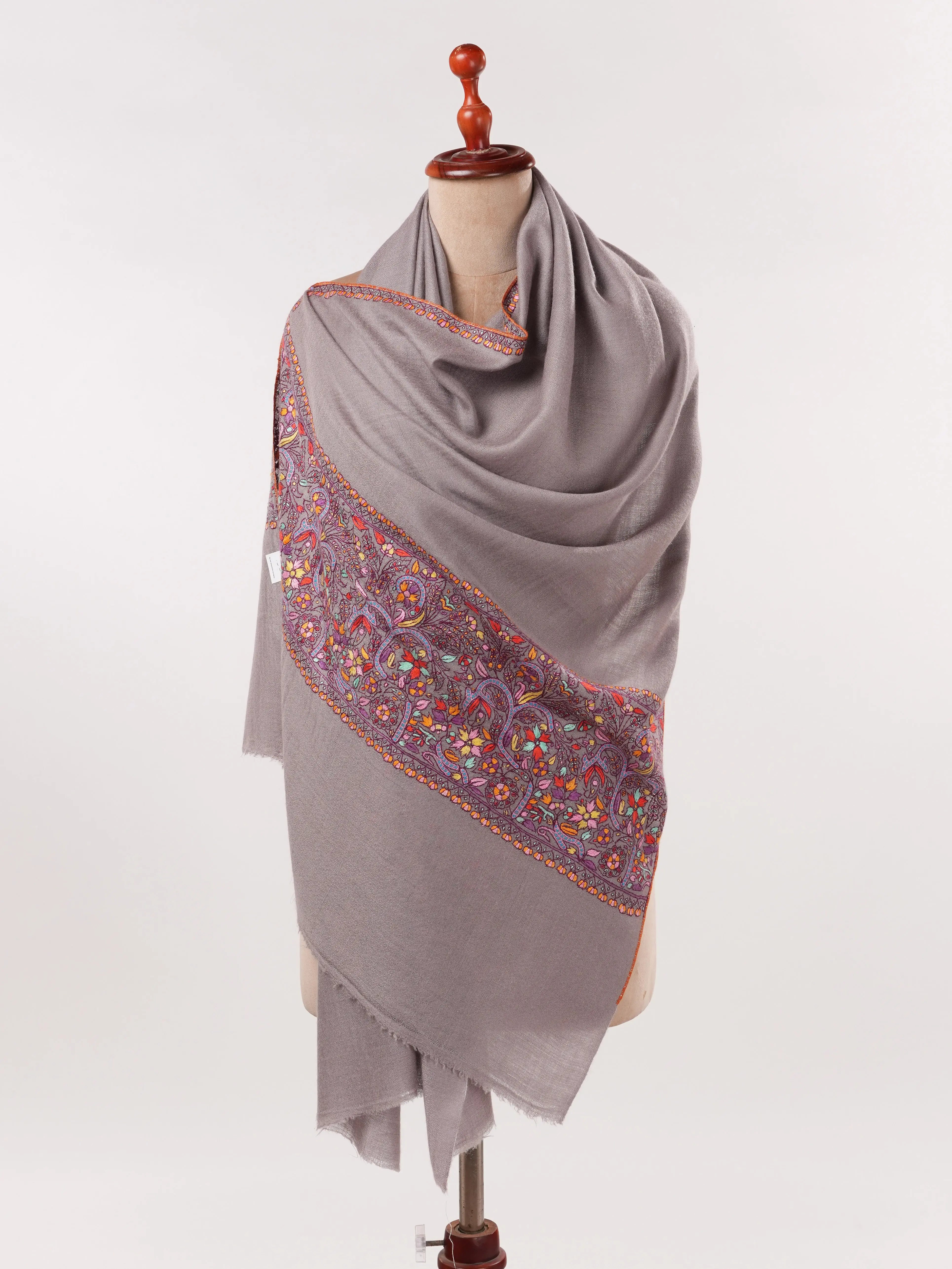 Grey Kashmiri Cashmere Scarf with Handwoven Palla Sozni Embroidery Shahkaar.com