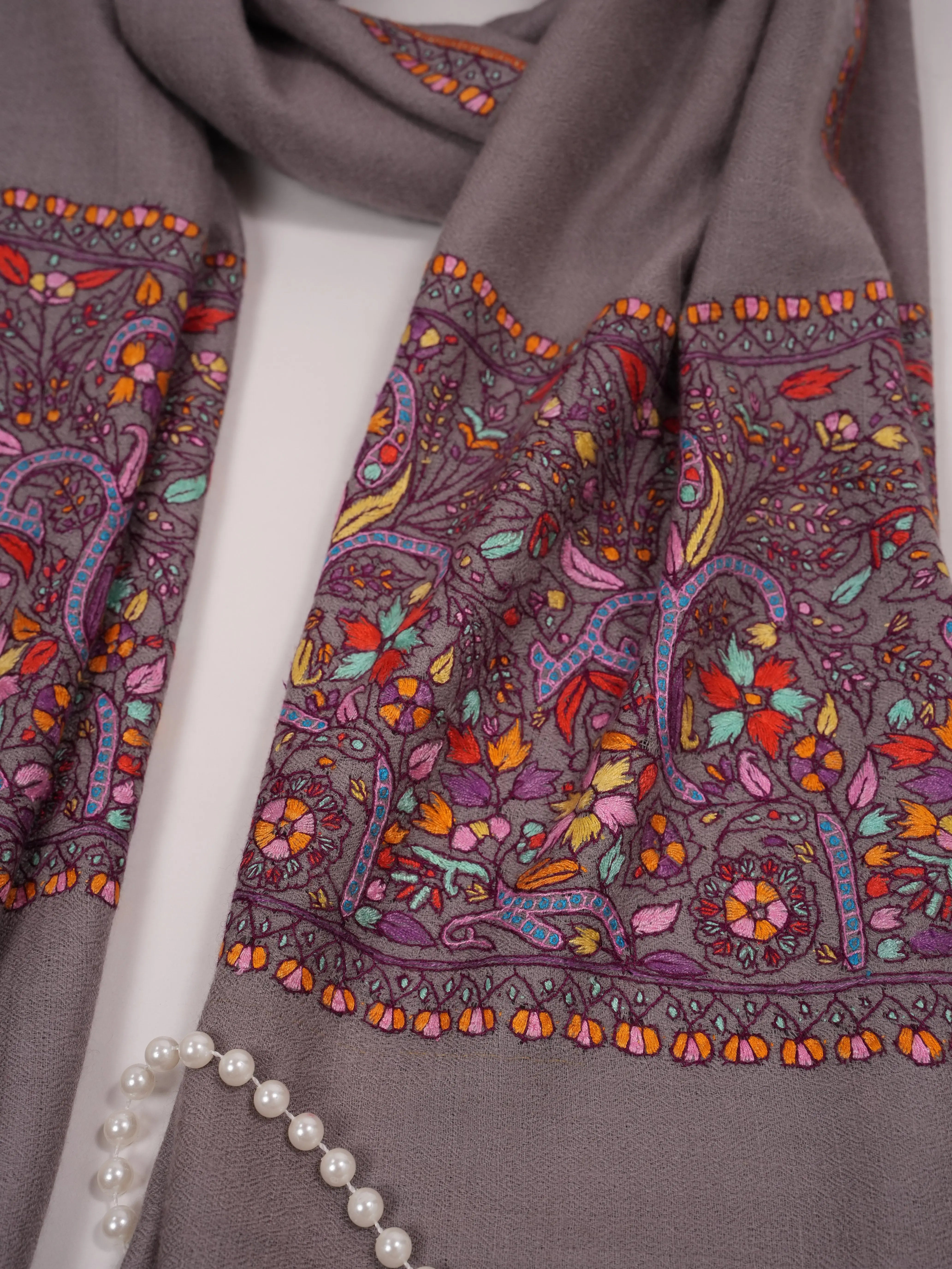 Grey Kashmiri Cashmere Scarf with Handwoven Palla Sozni Embroidery Shahkaar.com