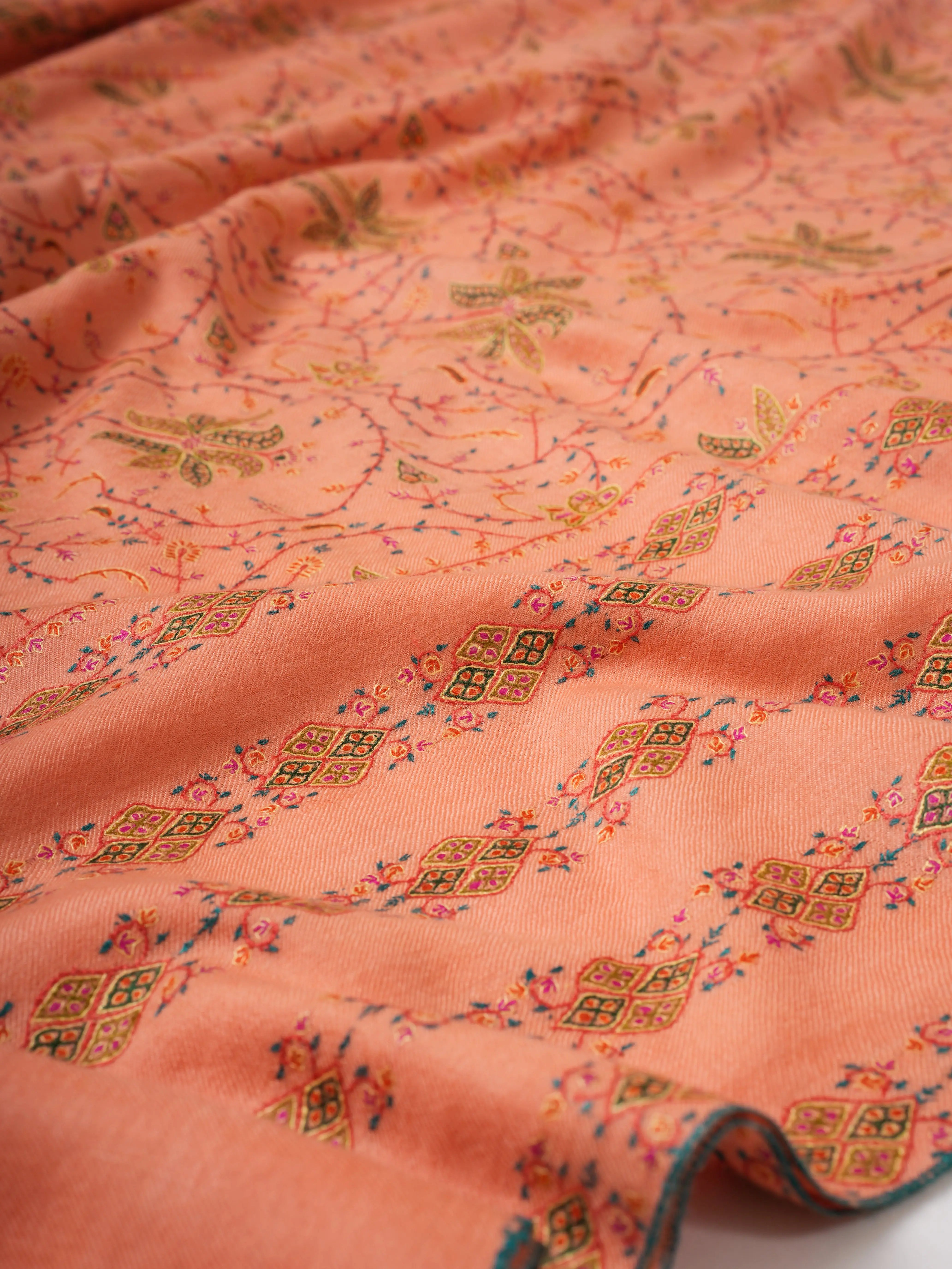 Peach Original Pashmina Shawl with Khatras Hand Embroidery Shahkaar