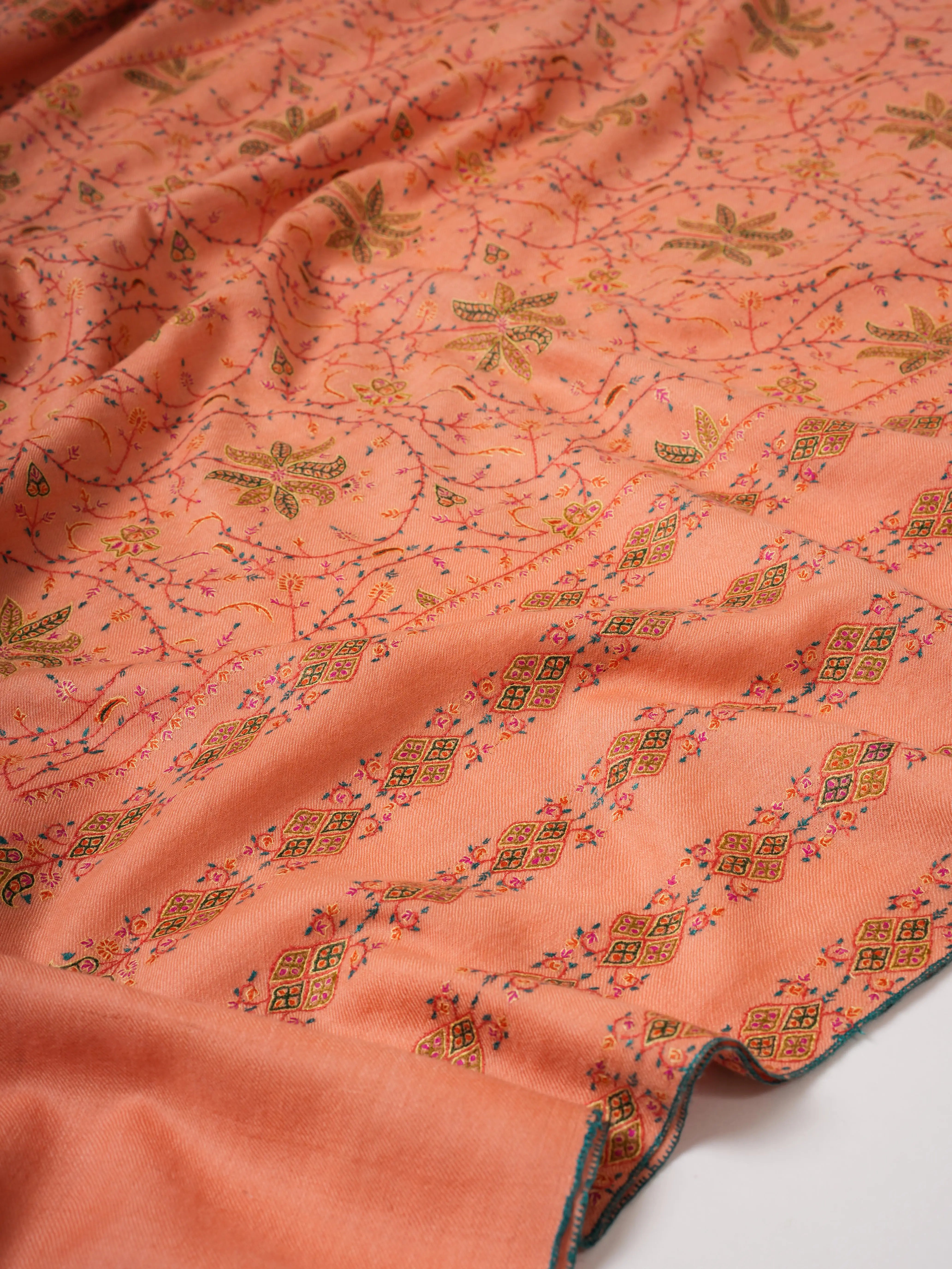 Peach Original Pashmina Shawl with Khatras Hand Embroidery Shahkaar