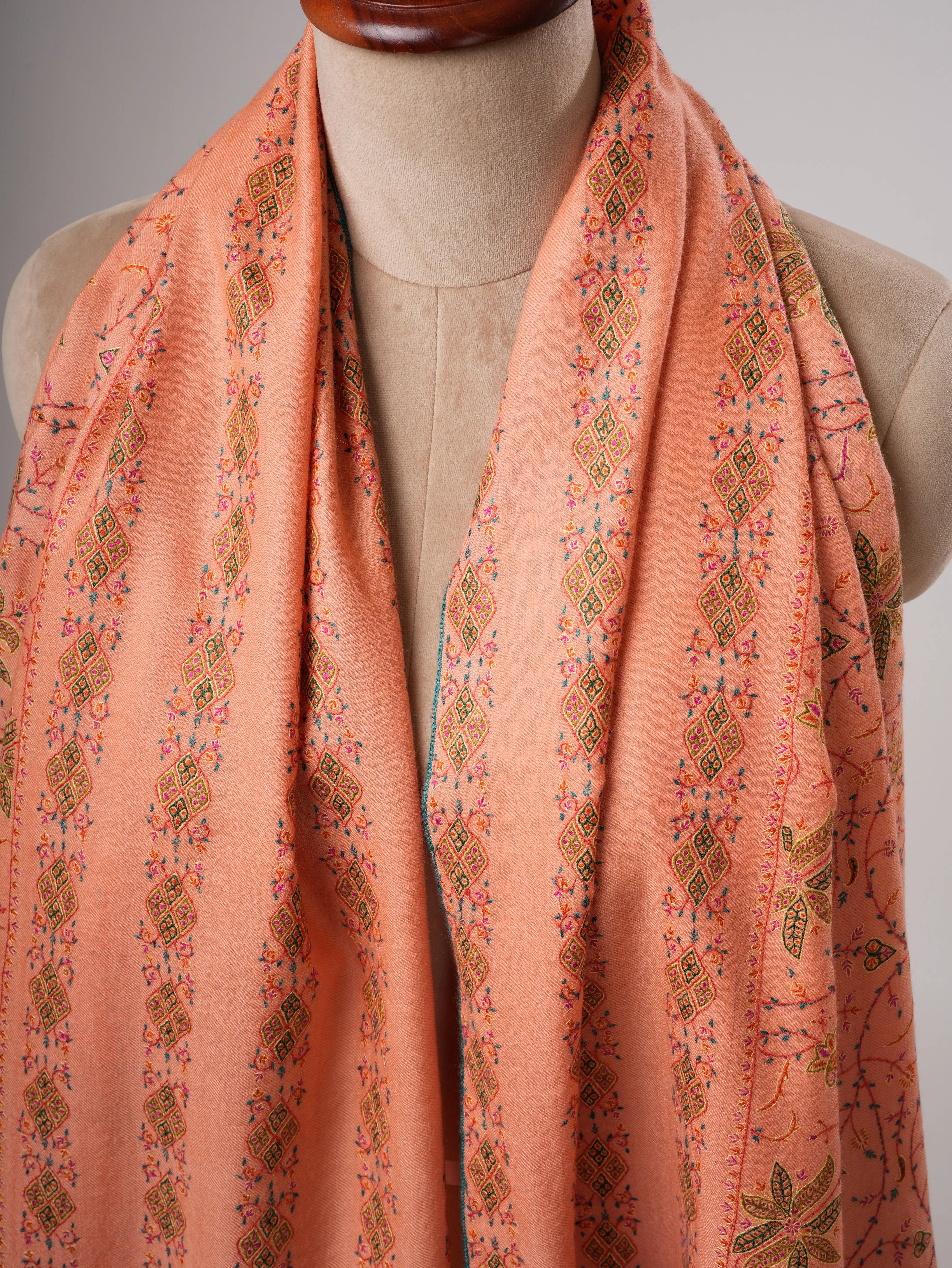 Peach Original Pashmina Shawl with Khatras Hand Embroidery Shahkaar