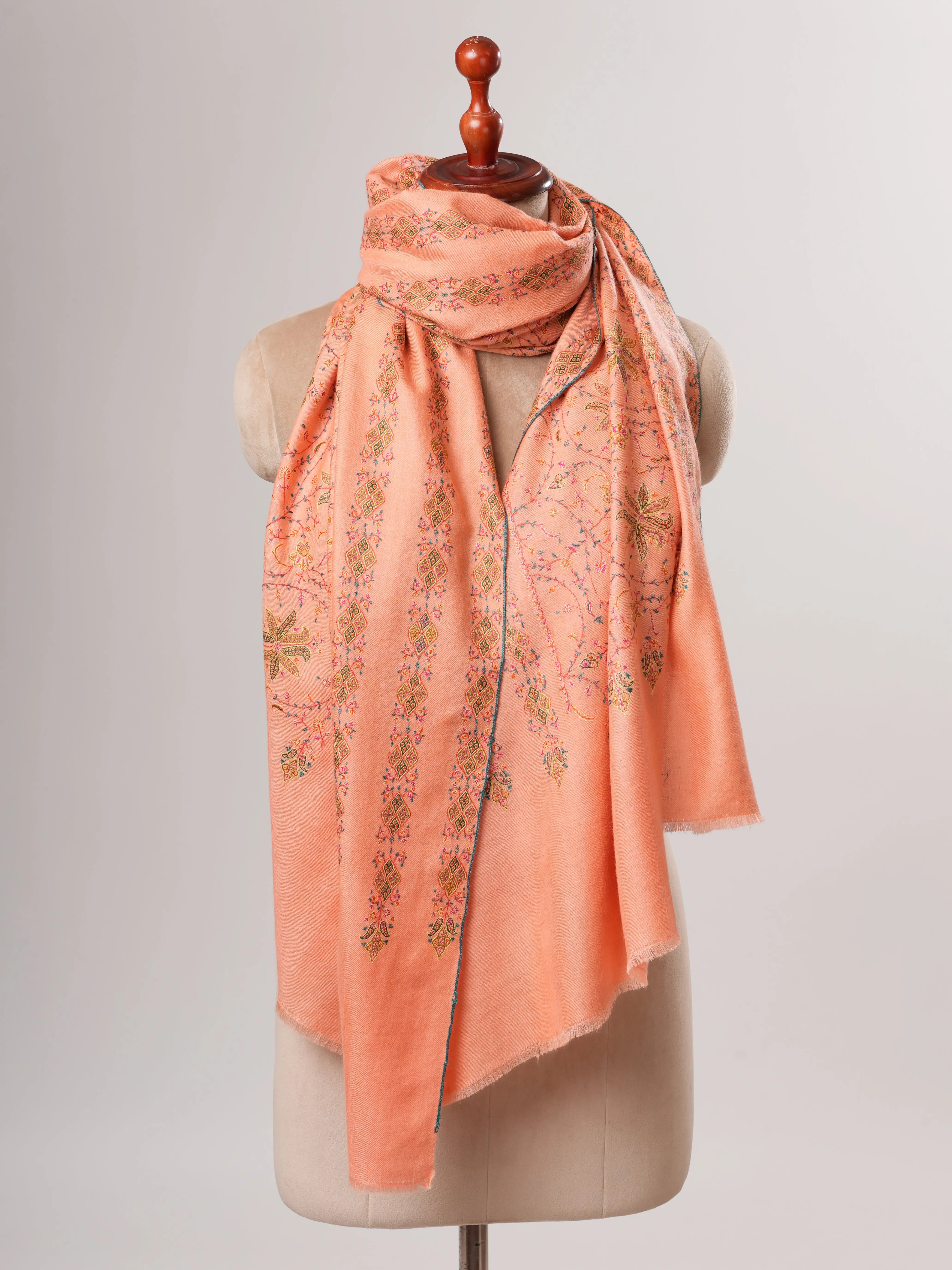 Peach Original Pashmina Shawl with Khatras Hand Embroidery Shahkaar