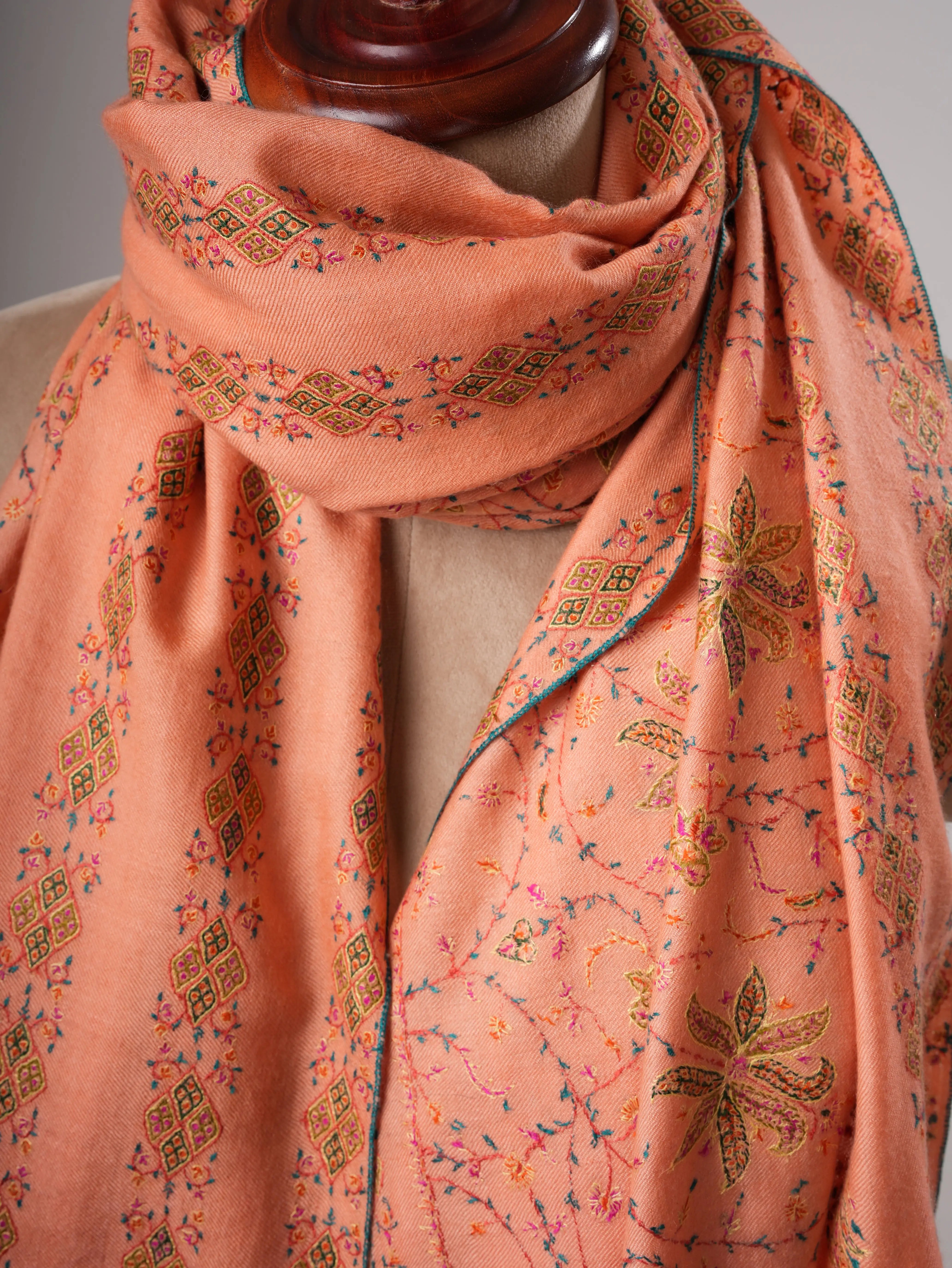Peach Original Pashmina Shawl with Khatras Hand Embroidery Shahkaar