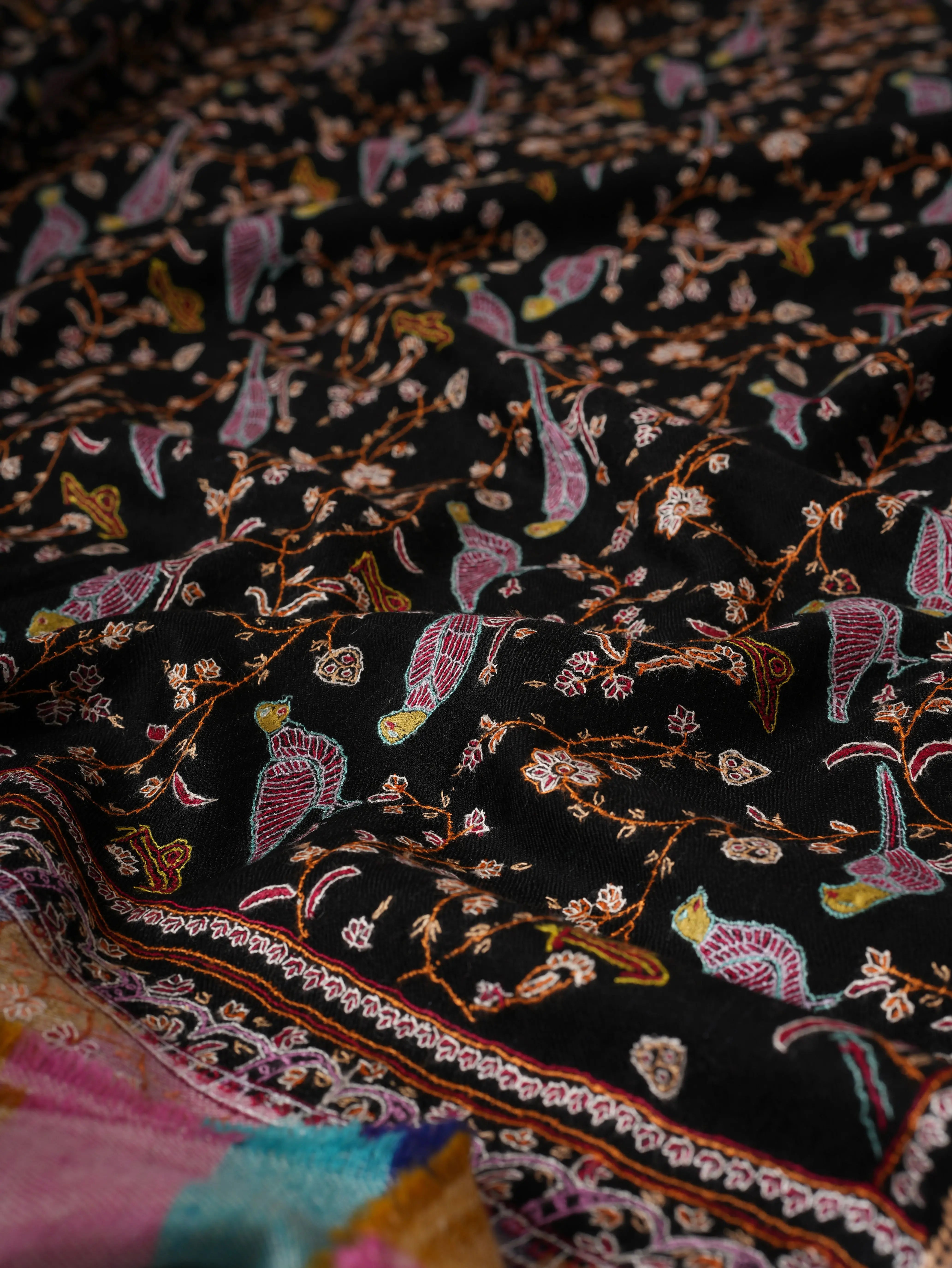 Black Pashmina Shawl with Bird Jali Embroidery and Striped Ends Shahkaar
