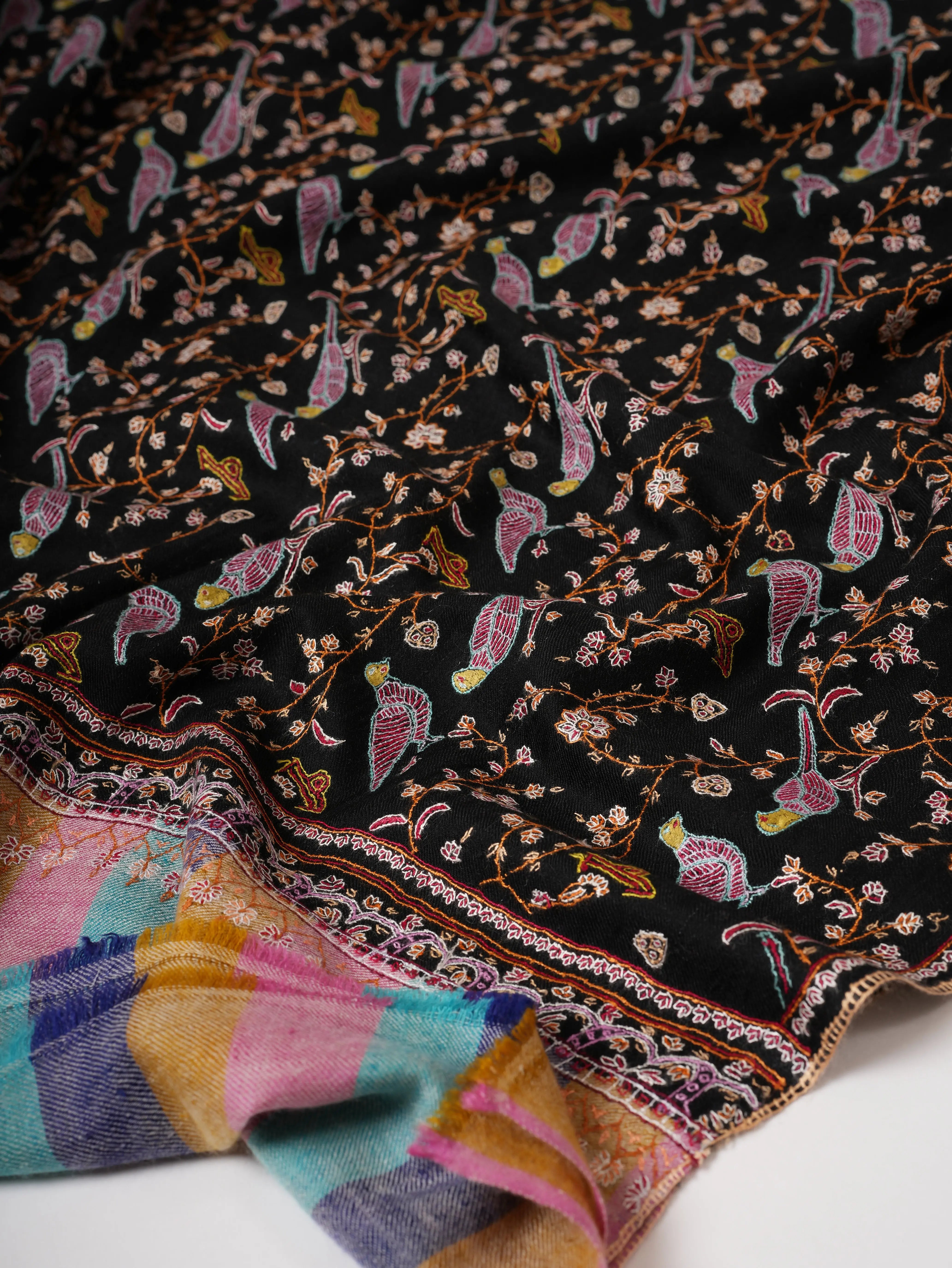 Black Pashmina Shawl with Bird Jali Embroidery and Striped Ends Shahkaar