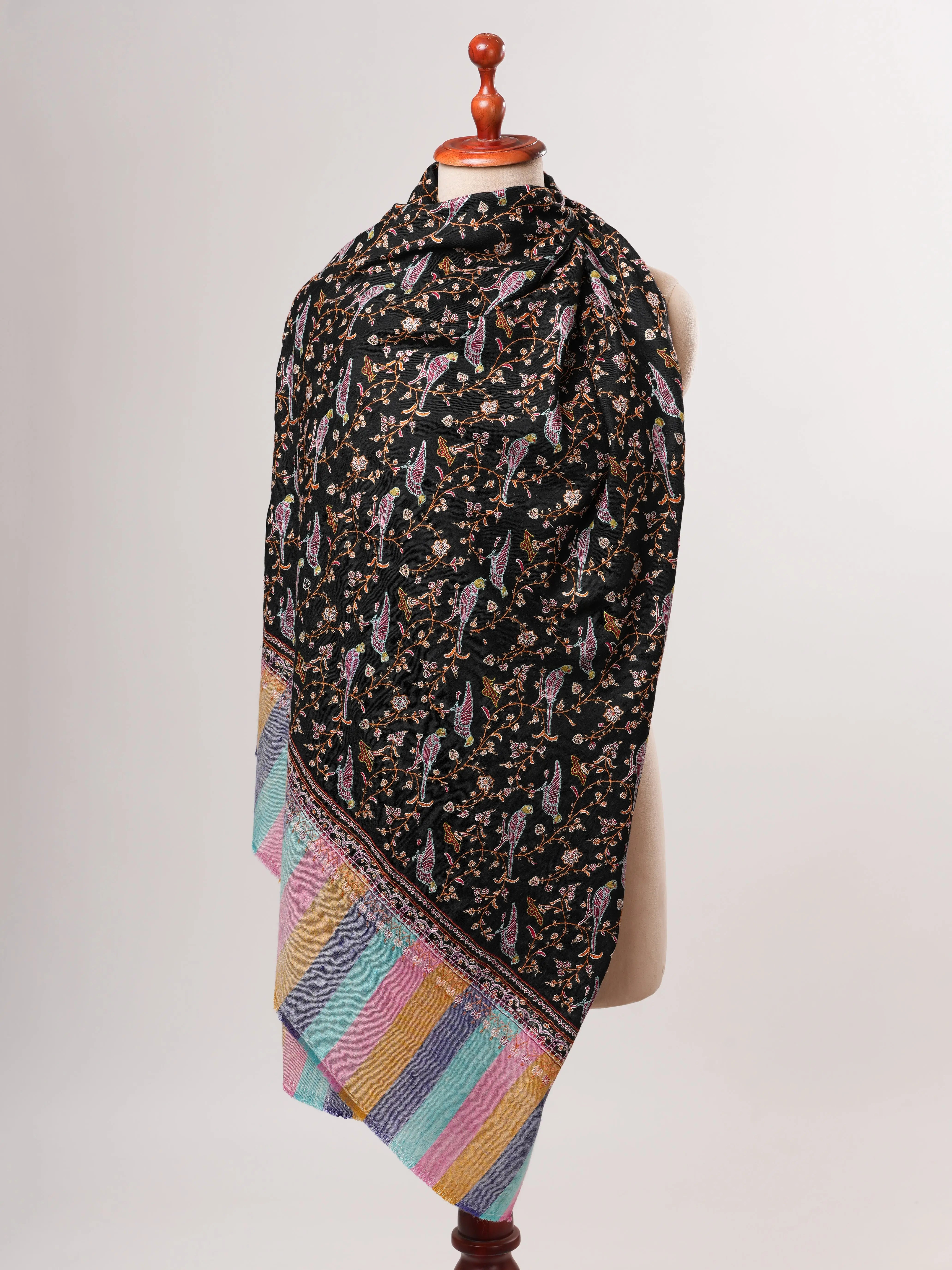 Black Pashmina Shawl with Bird Jali Embroidery and Striped Ends Shahkaar