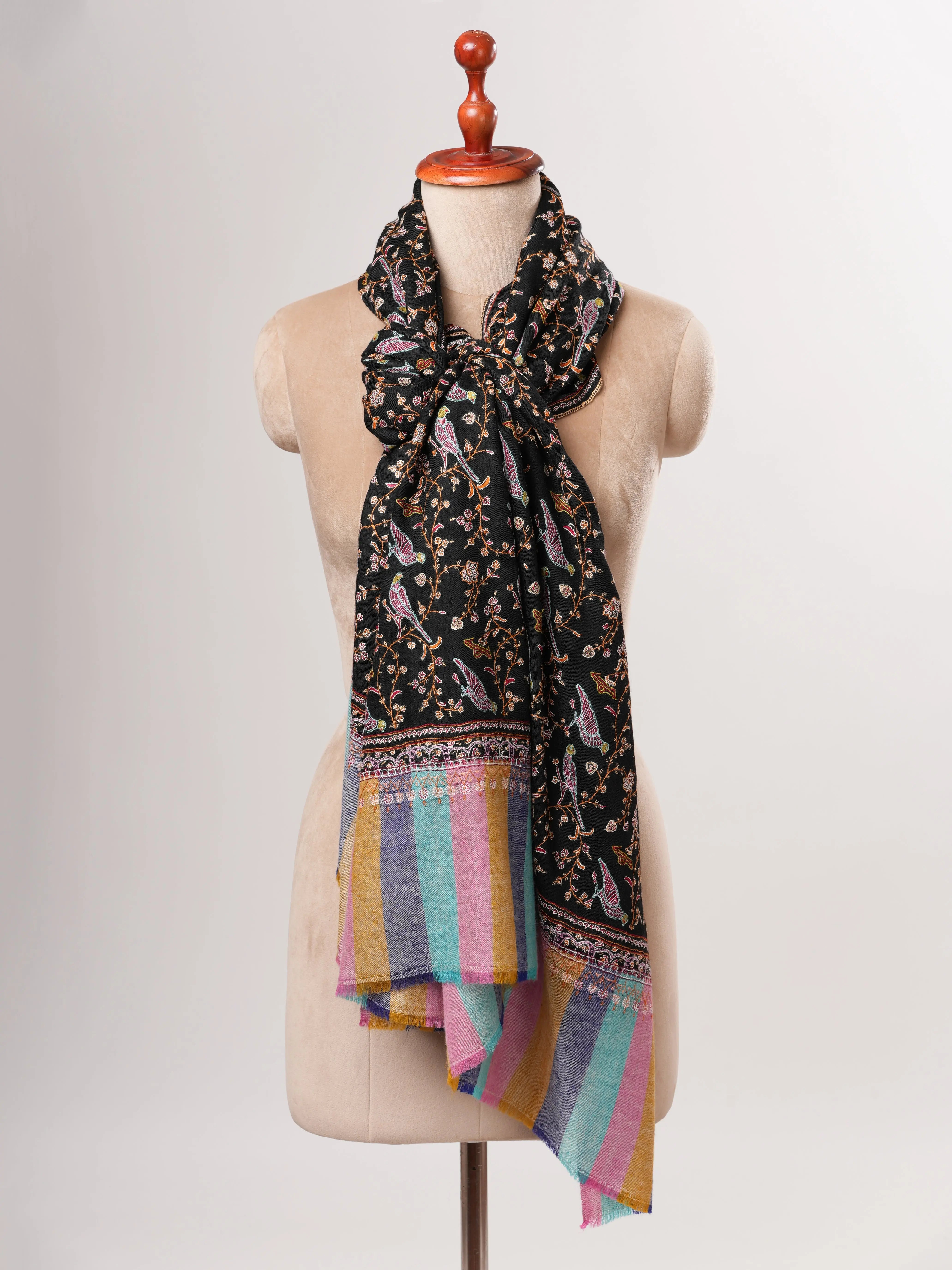 Black Pashmina Shawl with Bird Jali Embroidery and Striped Ends Shahkaar