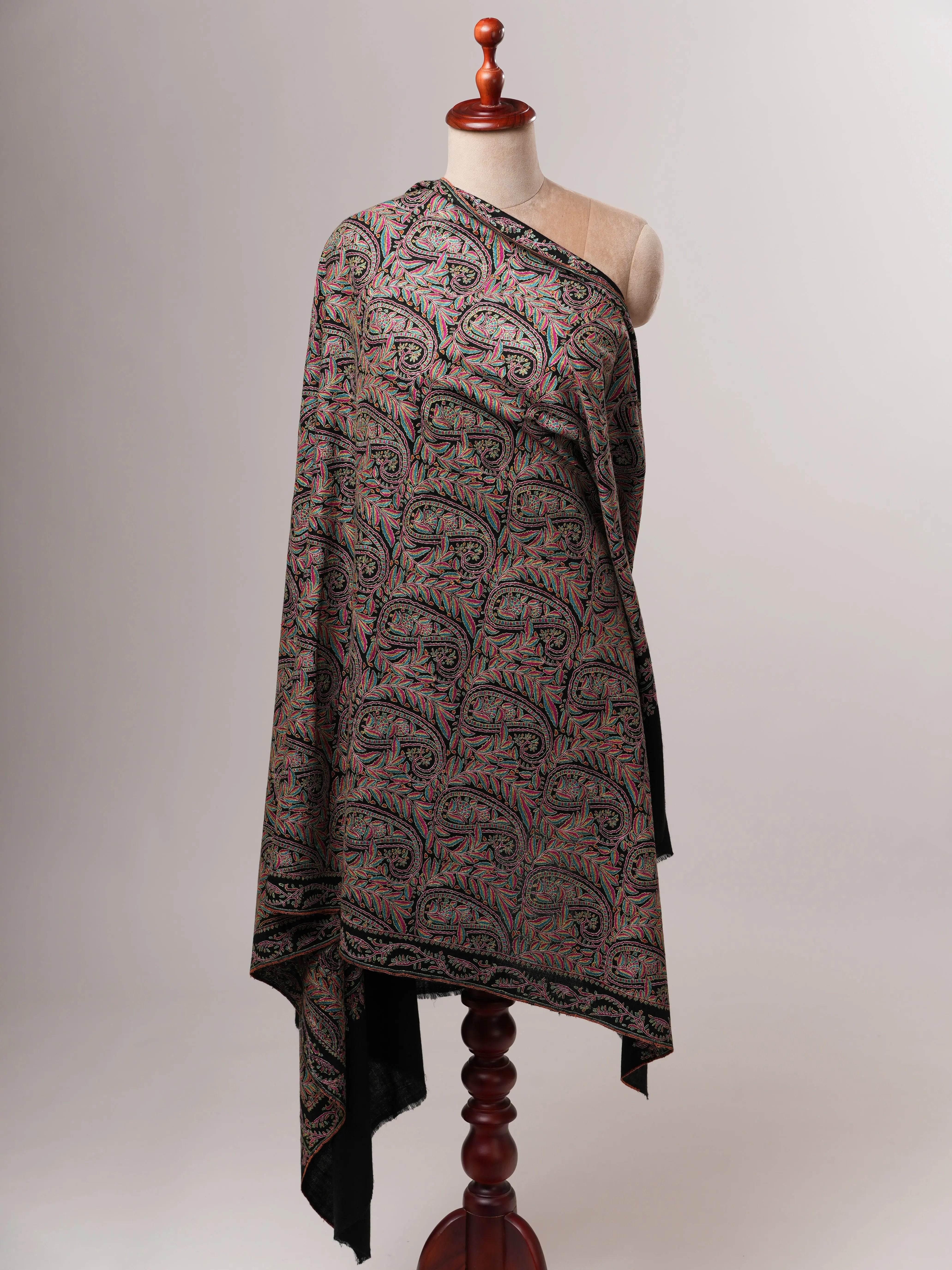 Kashmiri Black Pashmina Jamavar Shawl with Detailed Paisley Handwork Shahkaar