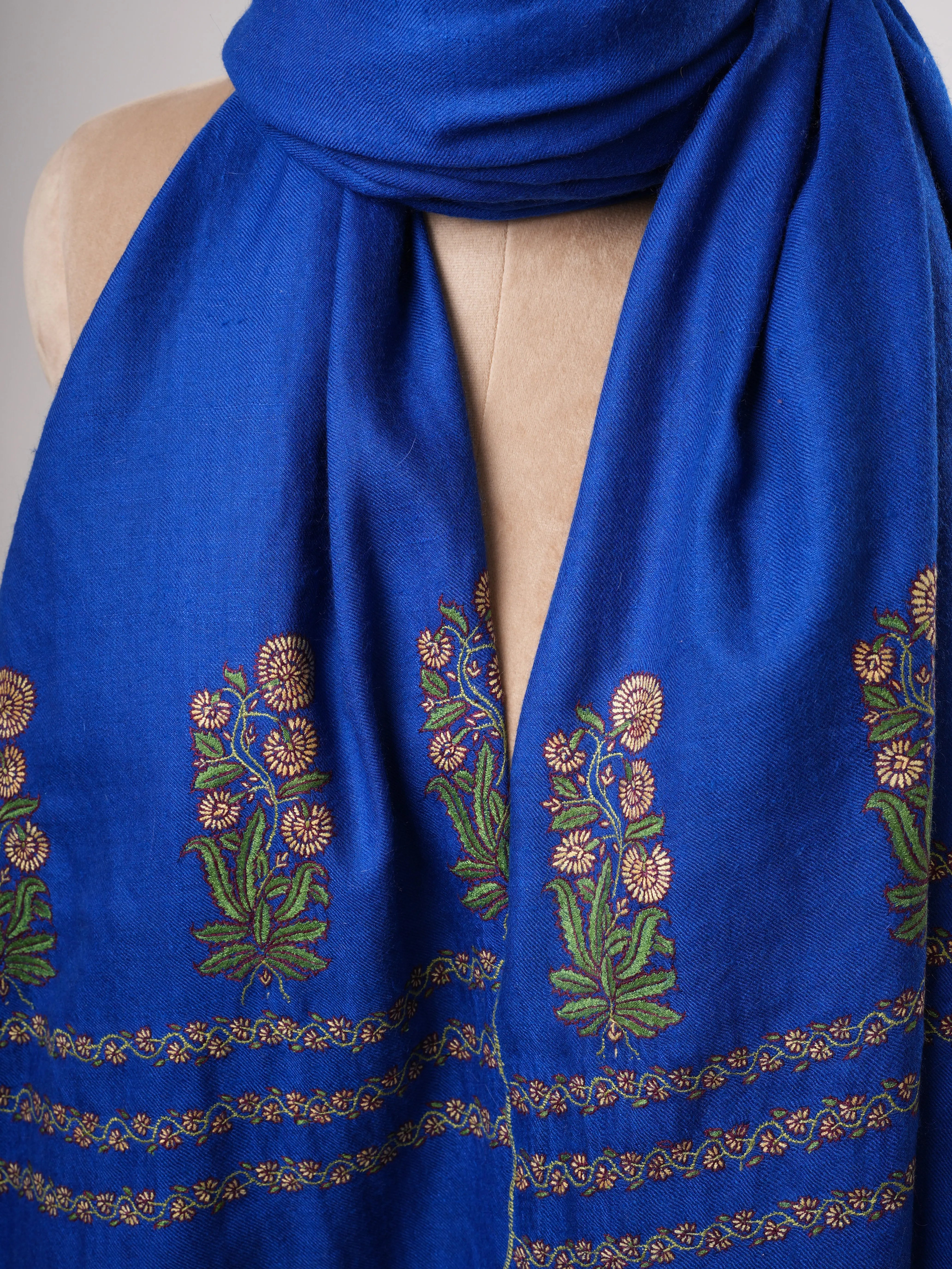 Blue Kashmiri Pashmina Shawl – Mughal Palla Embroidery Motif Shahkaar