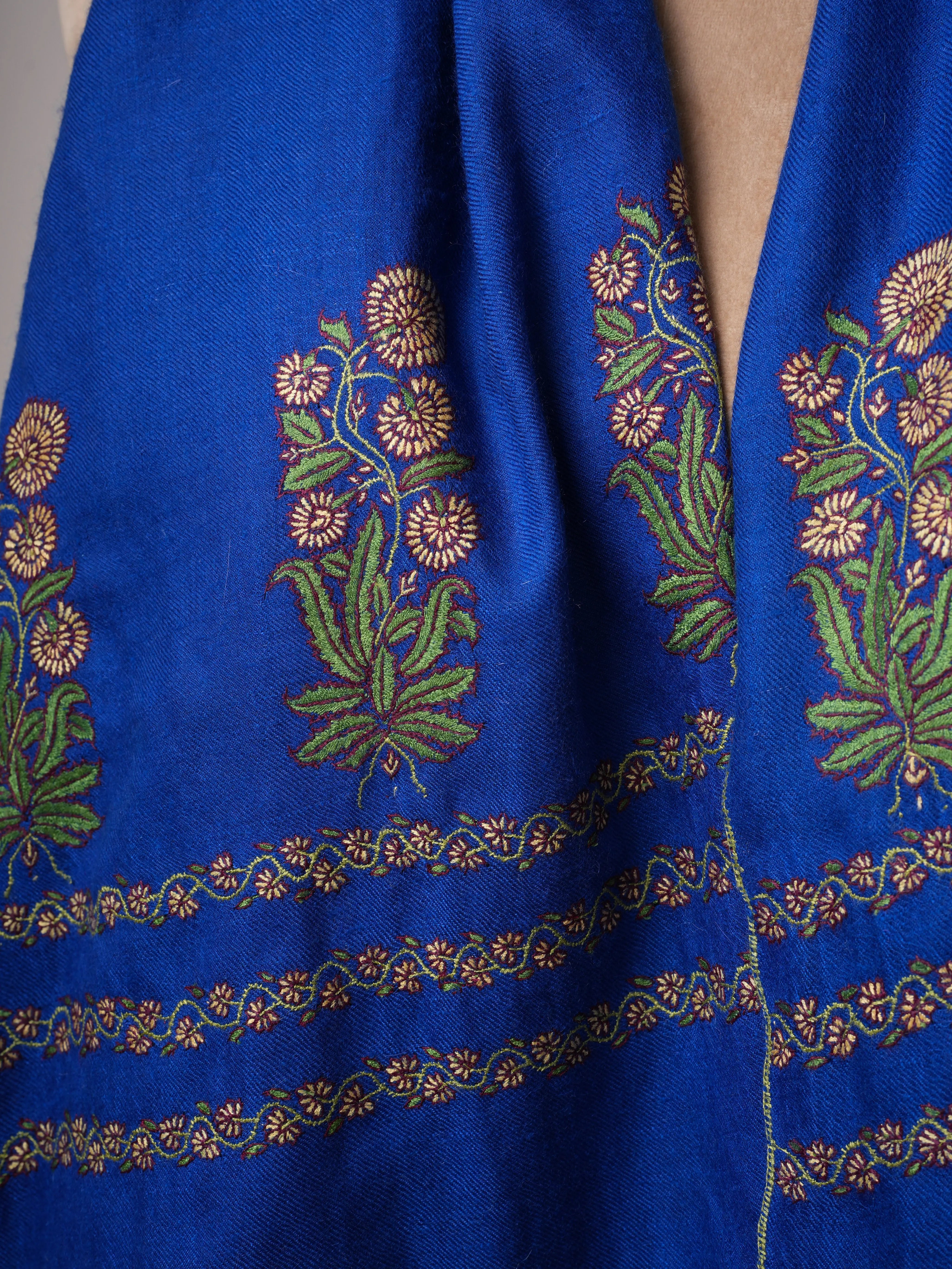 Blue Kashmiri Pashmina Shawl – Mughal Palla Embroidery Motif Shahkaar