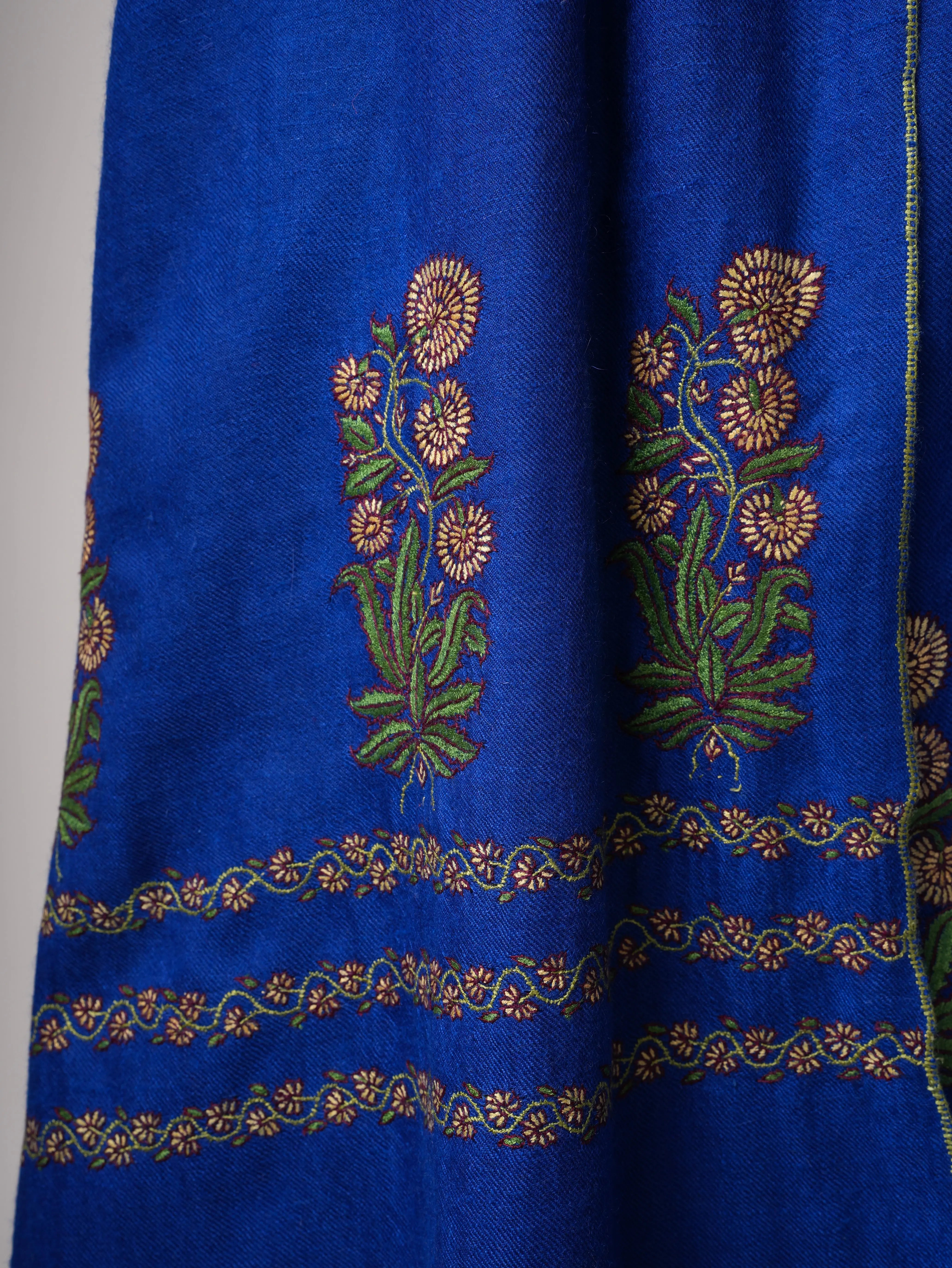 Blue Kashmiri Pashmina Shawl – Mughal Palla Embroidery Motif Shahkaar