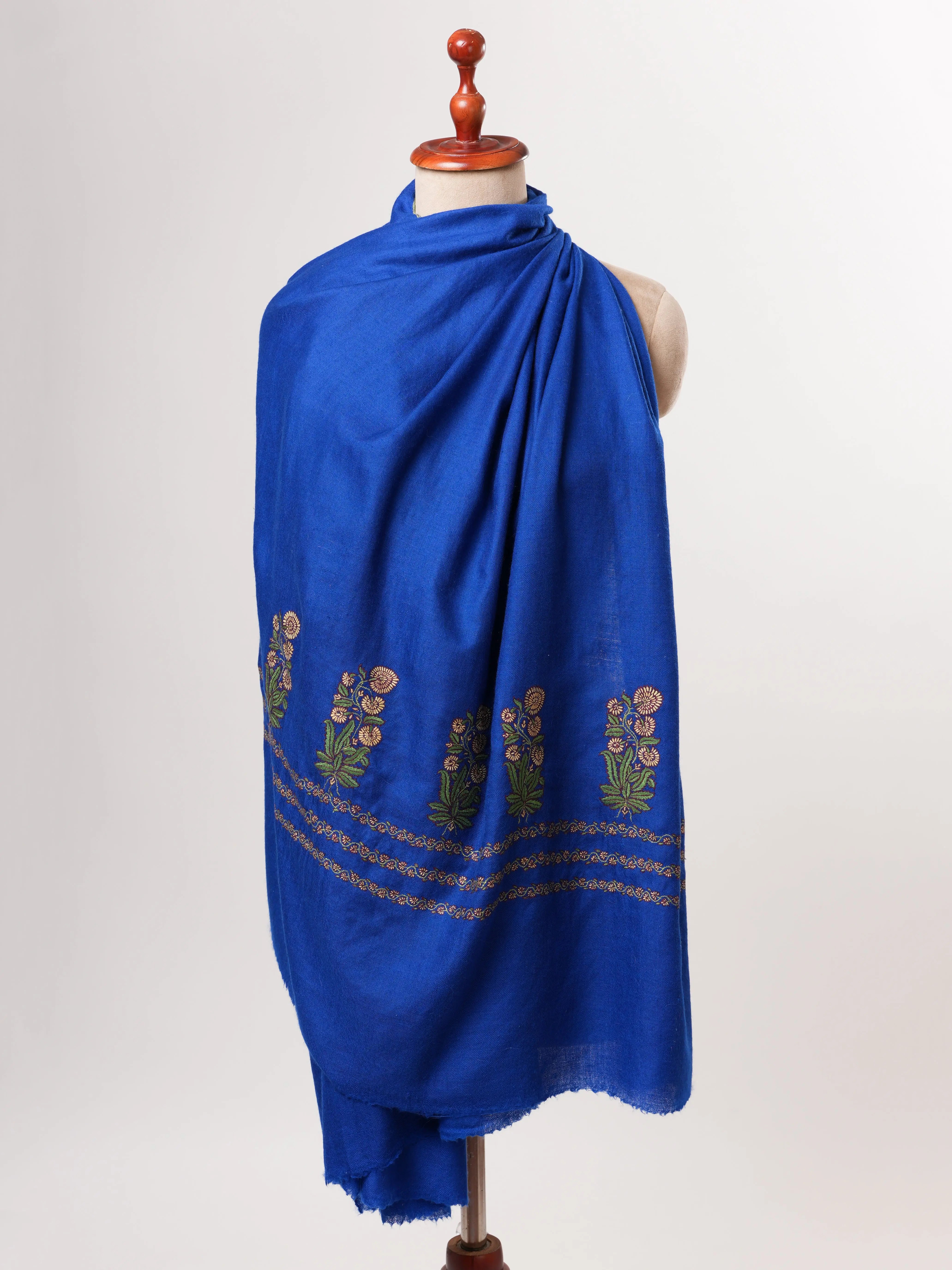 Blue Kashmiri Pashmina Shawl – Mughal Palla Embroidery Motif Shahkaar