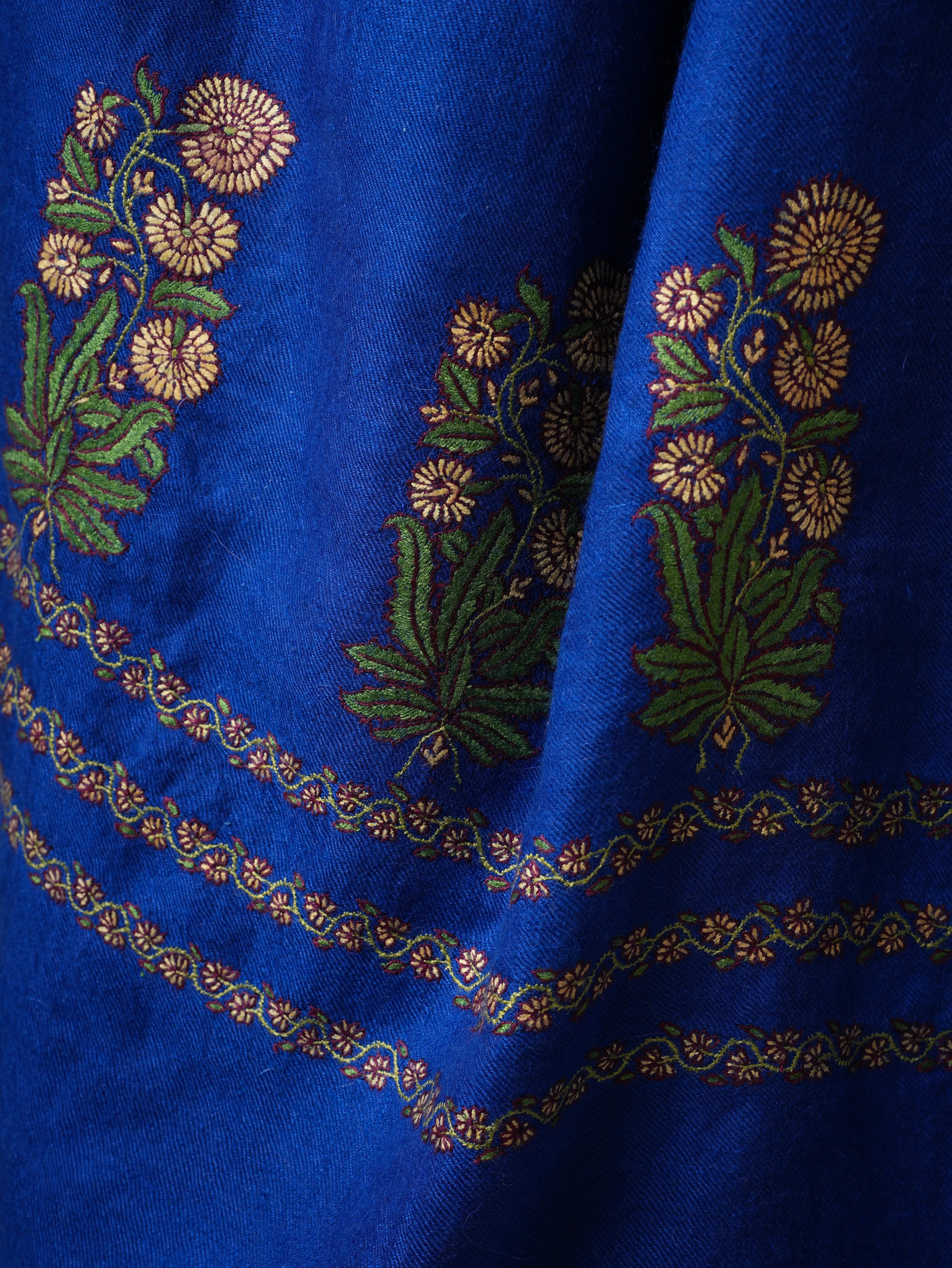 Blue Kashmiri Pashmina Shawl – Mughal Palla Embroidery Motif Shahkaar