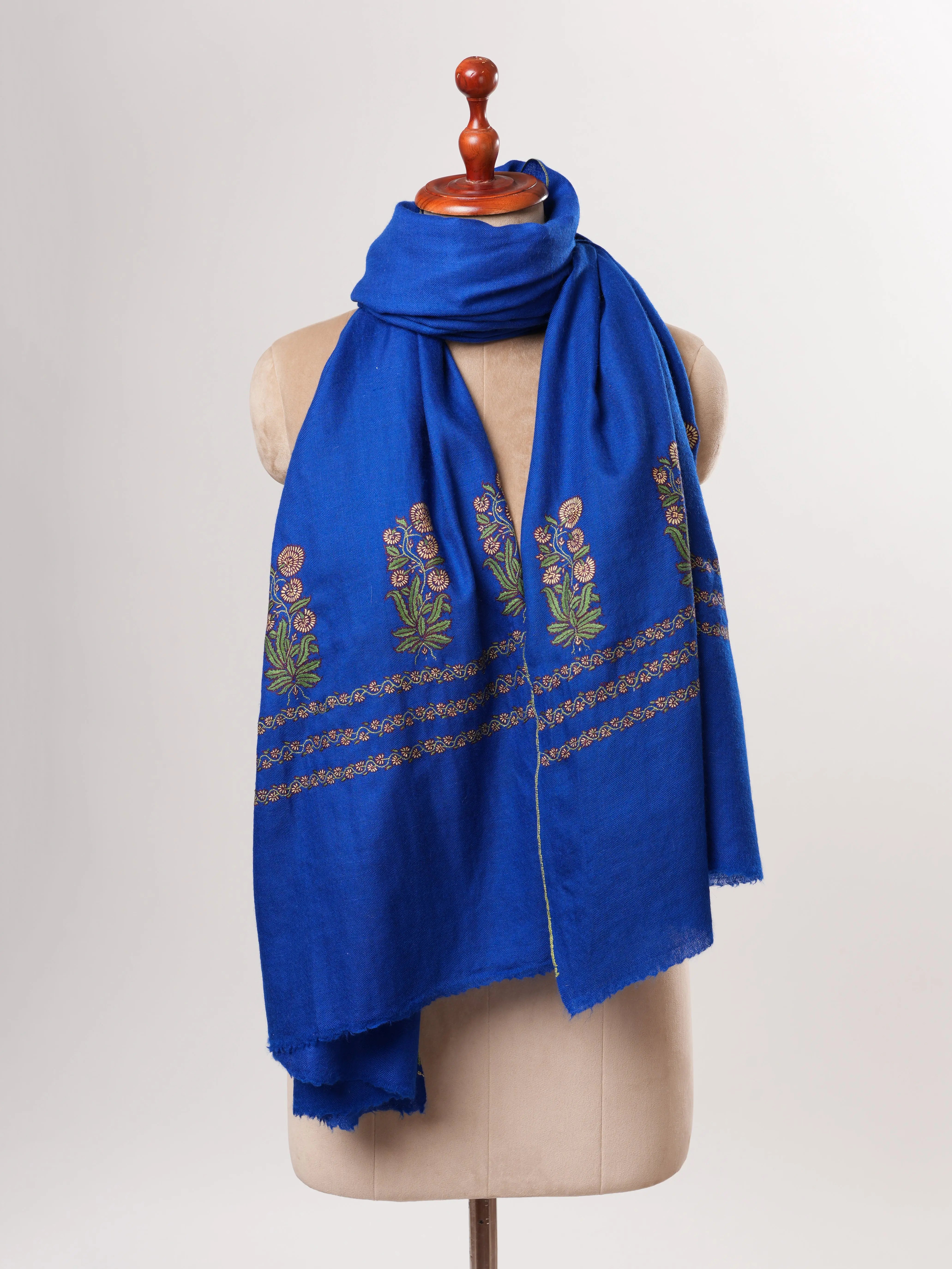 Blue Kashmiri Pashmina Shawl – Mughal Palla Embroidery Motif Shahkaar