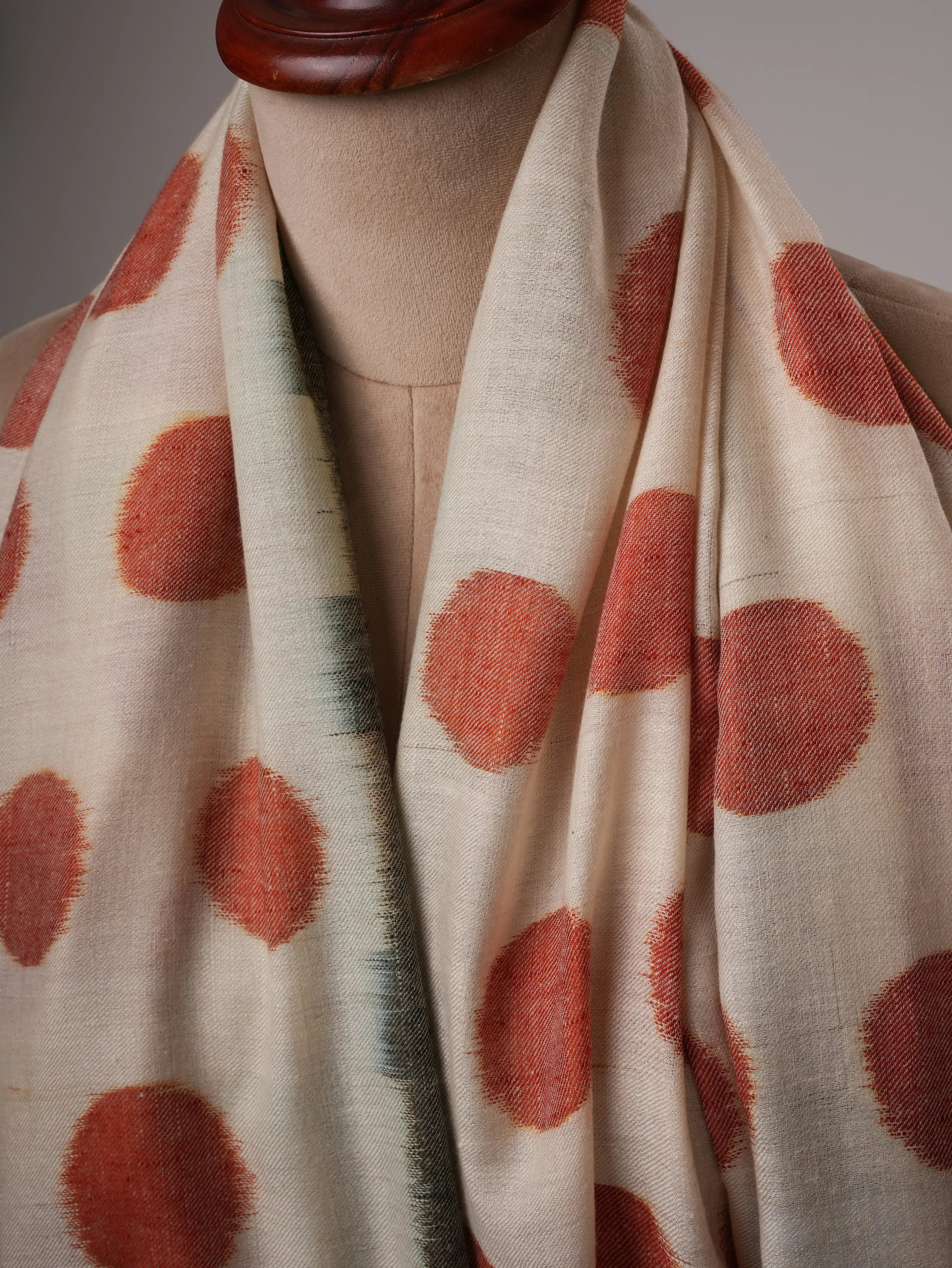 Handwoven Ivory Pashmina Shawl with Red Polka Ikat Shahkaar
