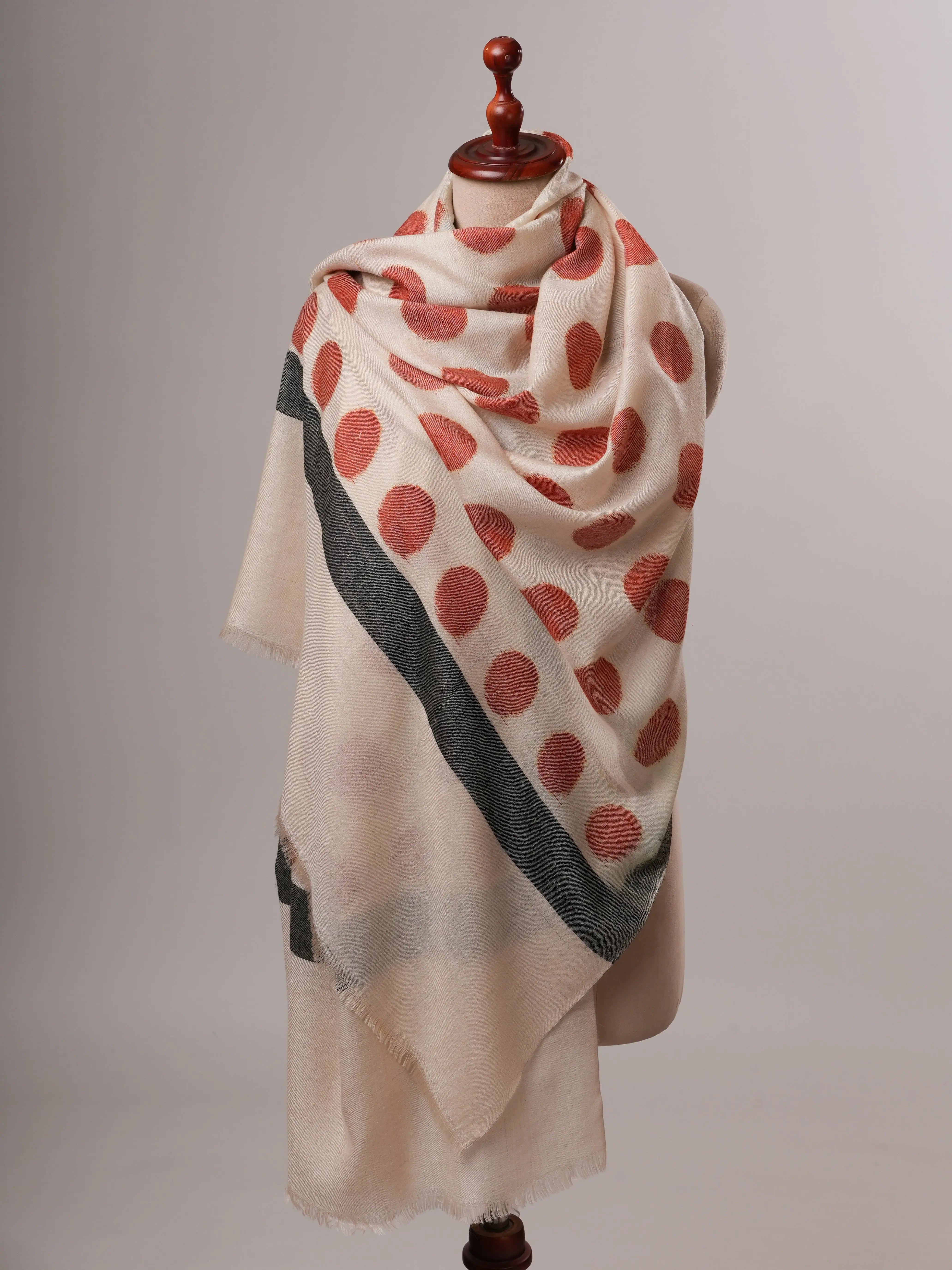 Handwoven Ivory Pashmina Shawl with Red Polka Ikat Shahkaar