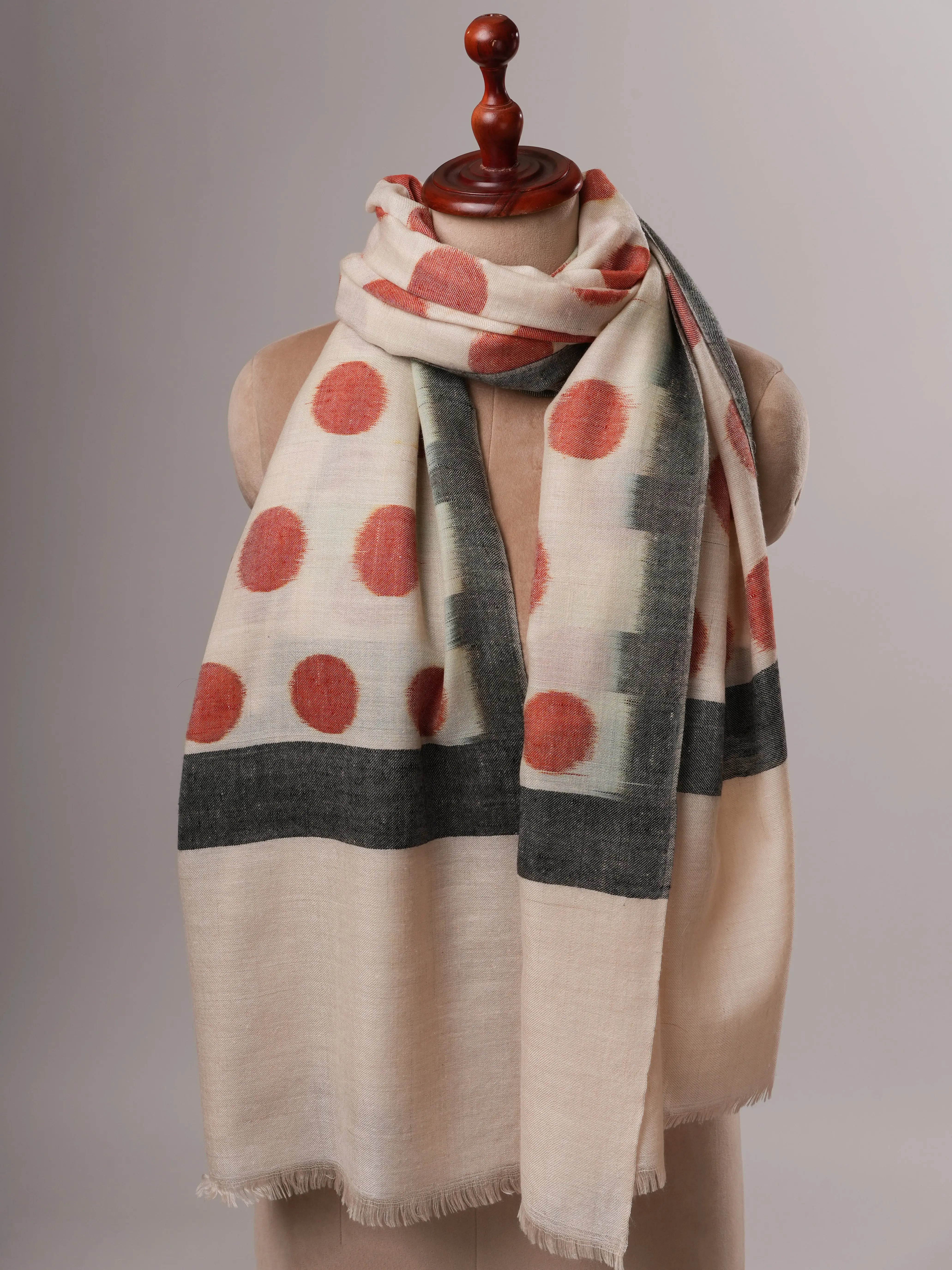 Handwoven Ivory Pashmina Shawl with Red Polka Ikat Shahkaar