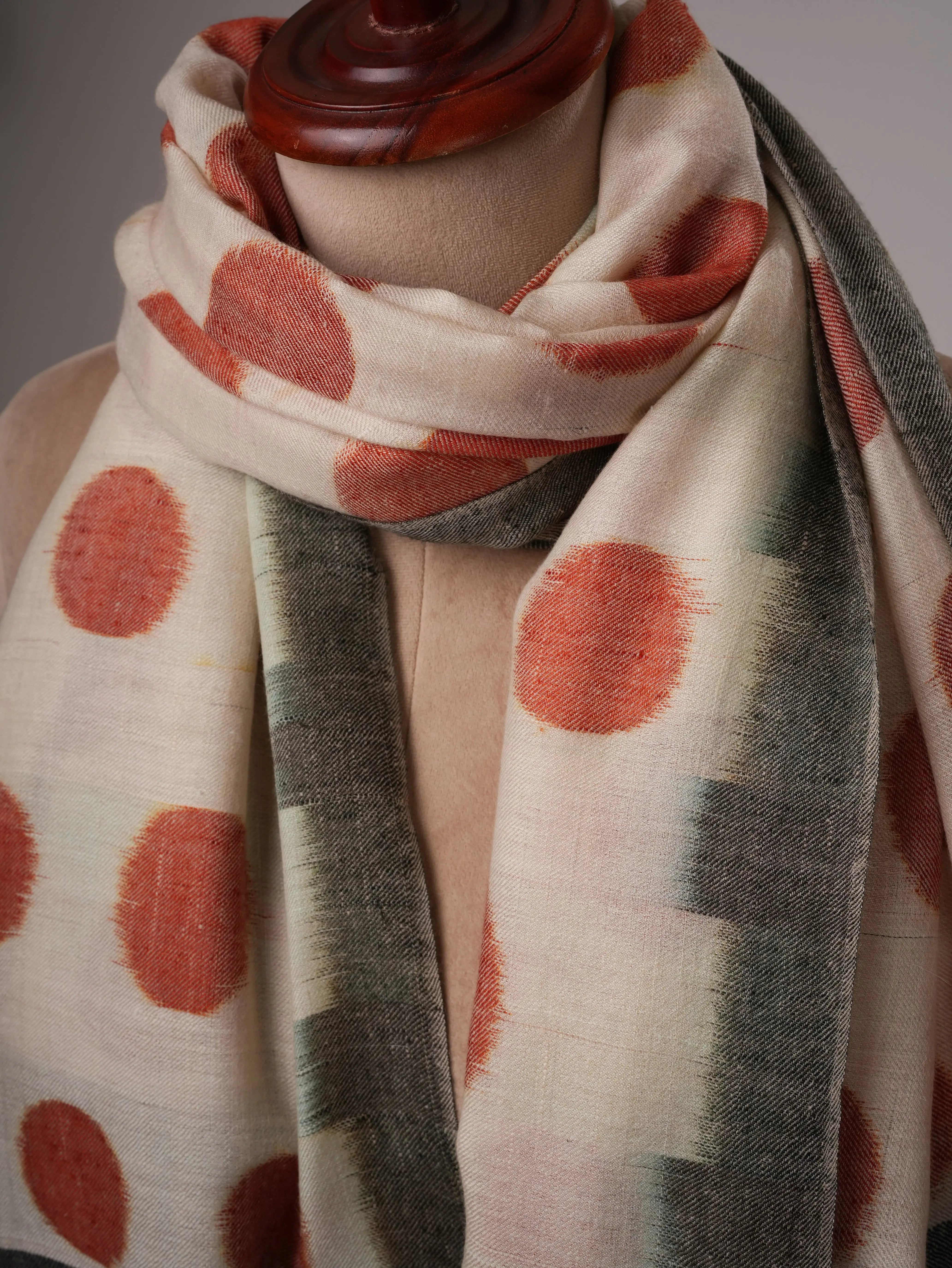 Handwoven Ivory Pashmina Shawl with Red Polka Ikat Shahkaar
