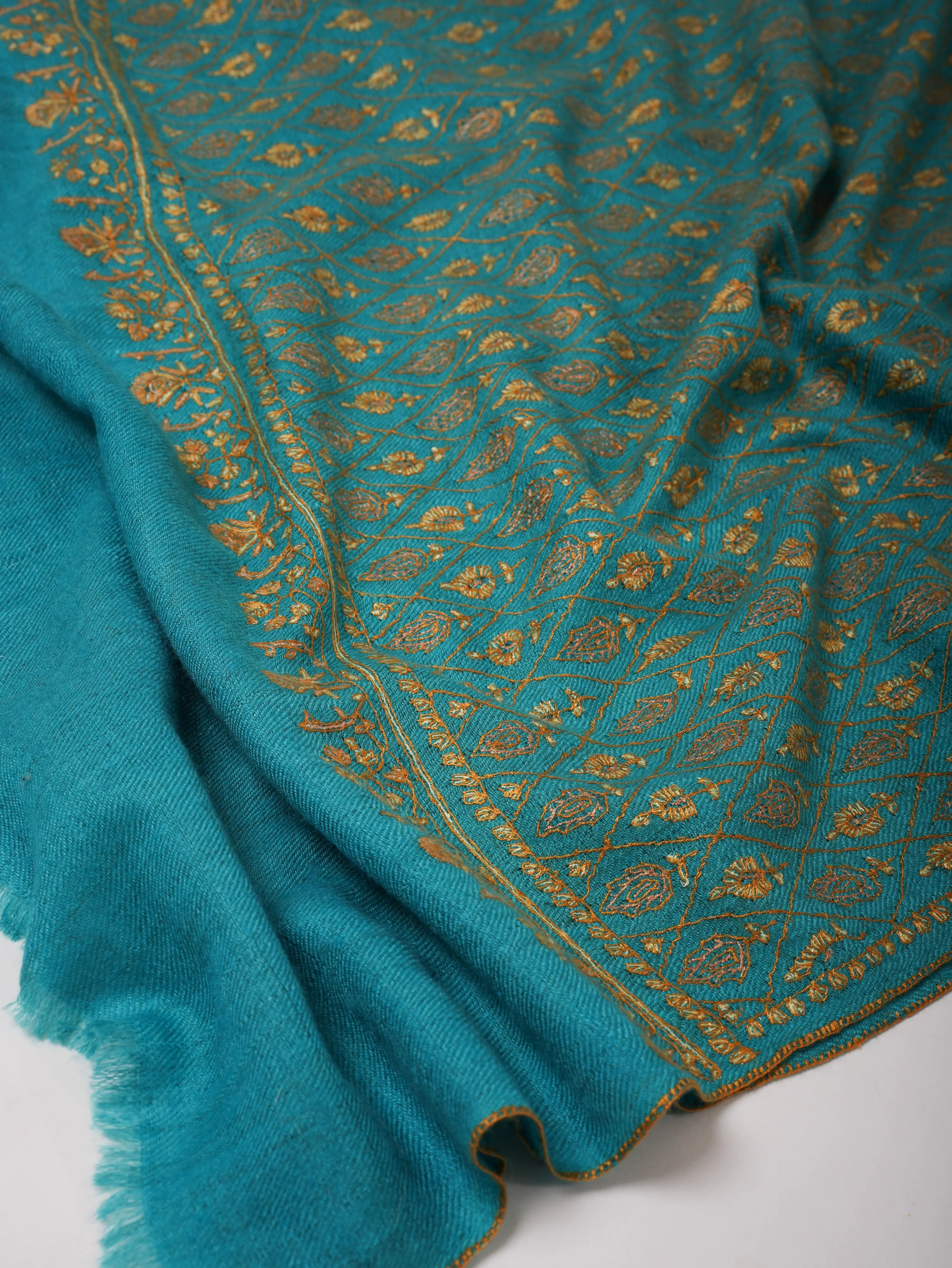 Contemporary Teal Cashmere Scarf with Hand Embroidery Shahkaar