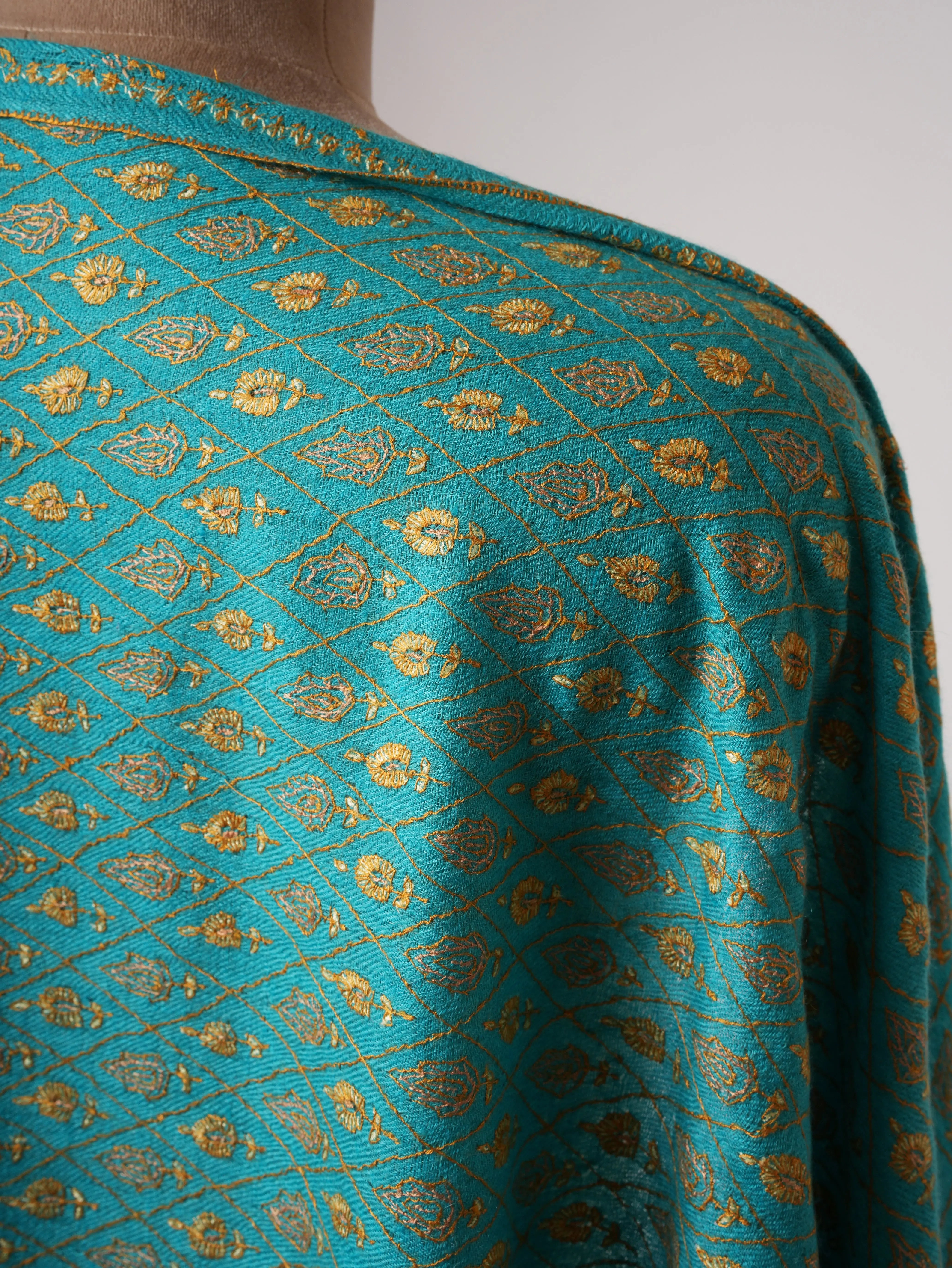 Contemporary Teal Cashmere Scarf with Hand Embroidery Shahkaar