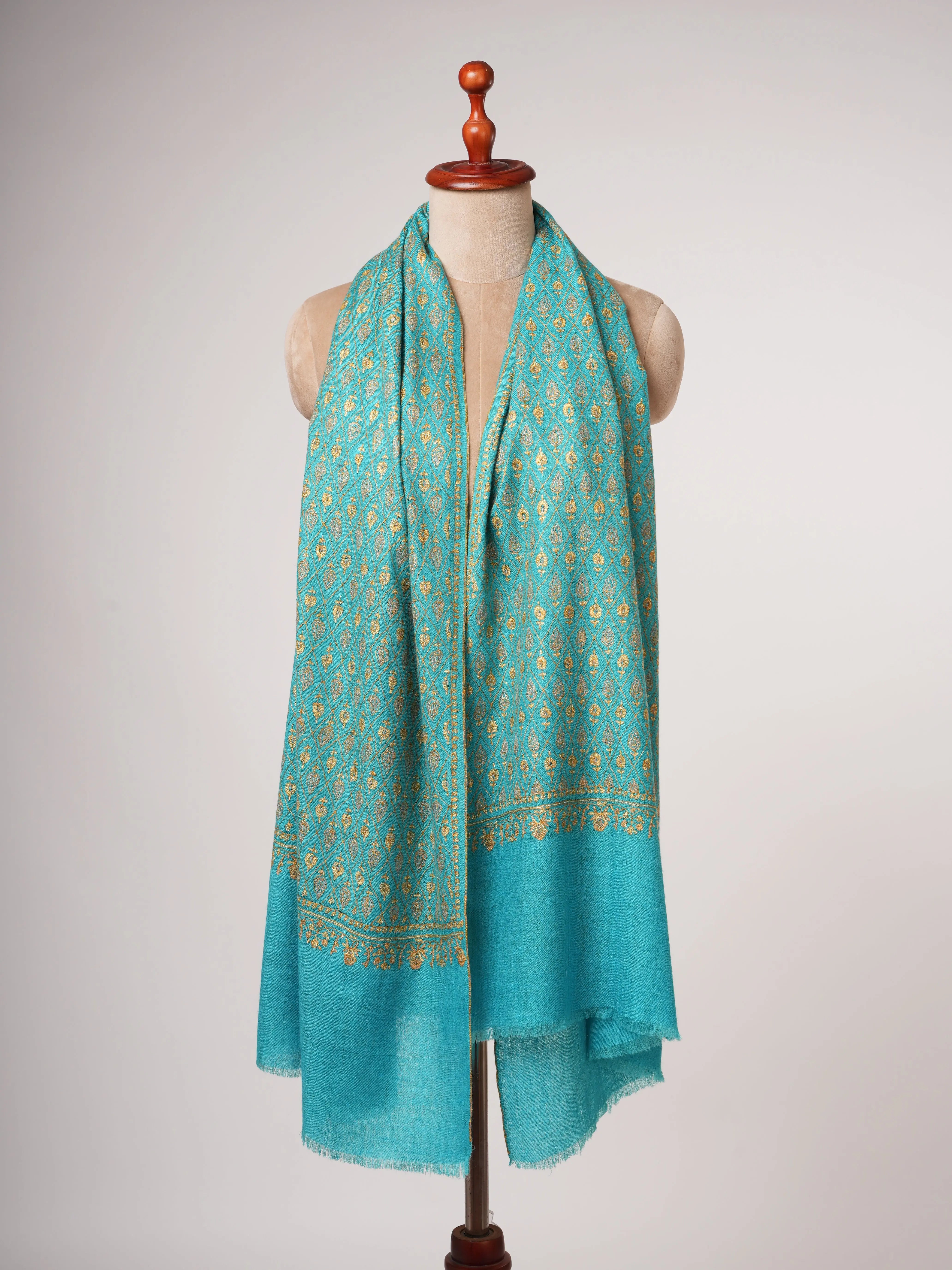 Contemporary Teal Cashmere Scarf with Hand Embroidery Shahkaar