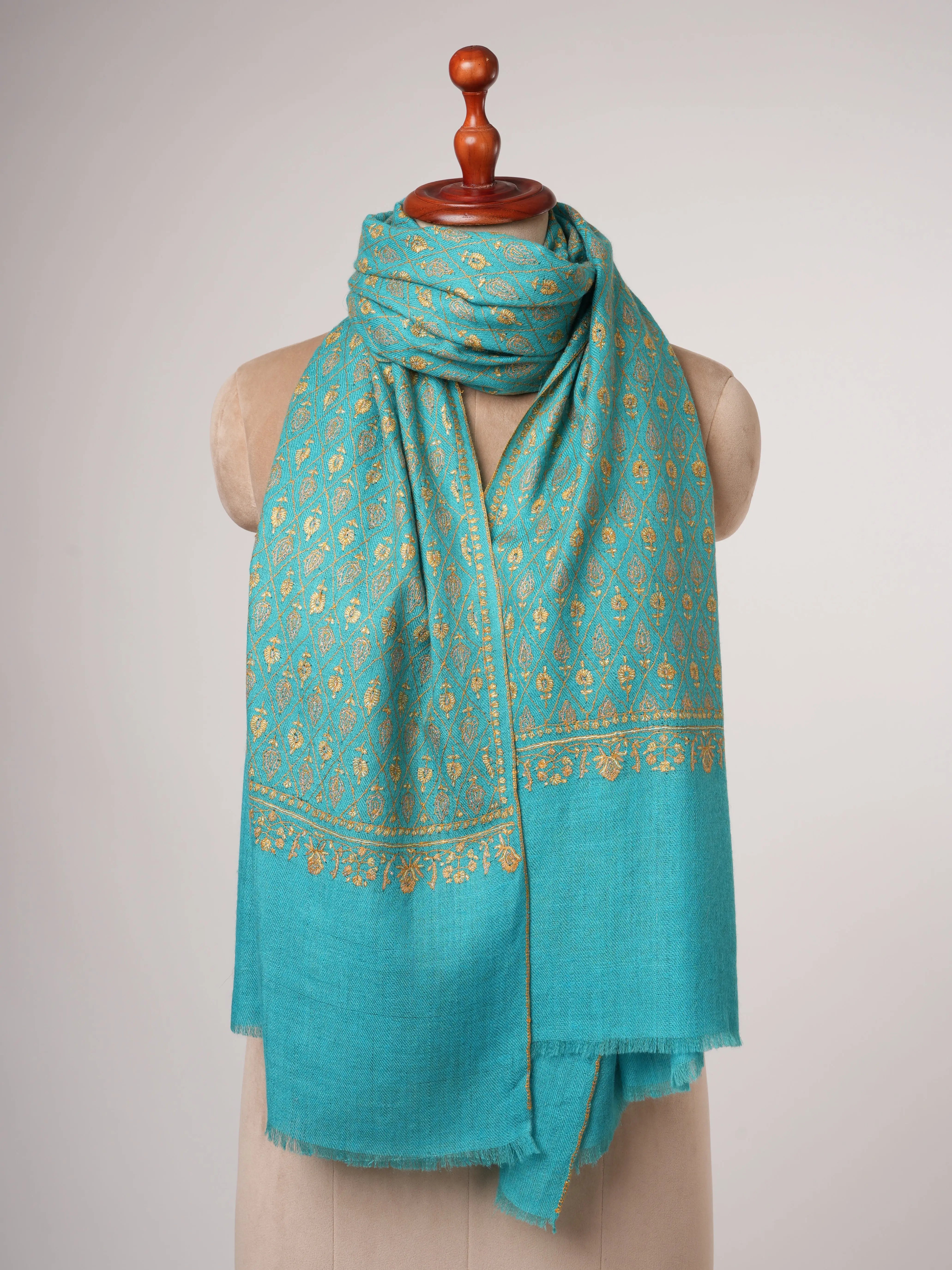 Contemporary Teal Cashmere Scarf with Hand Embroidery Shahkaar