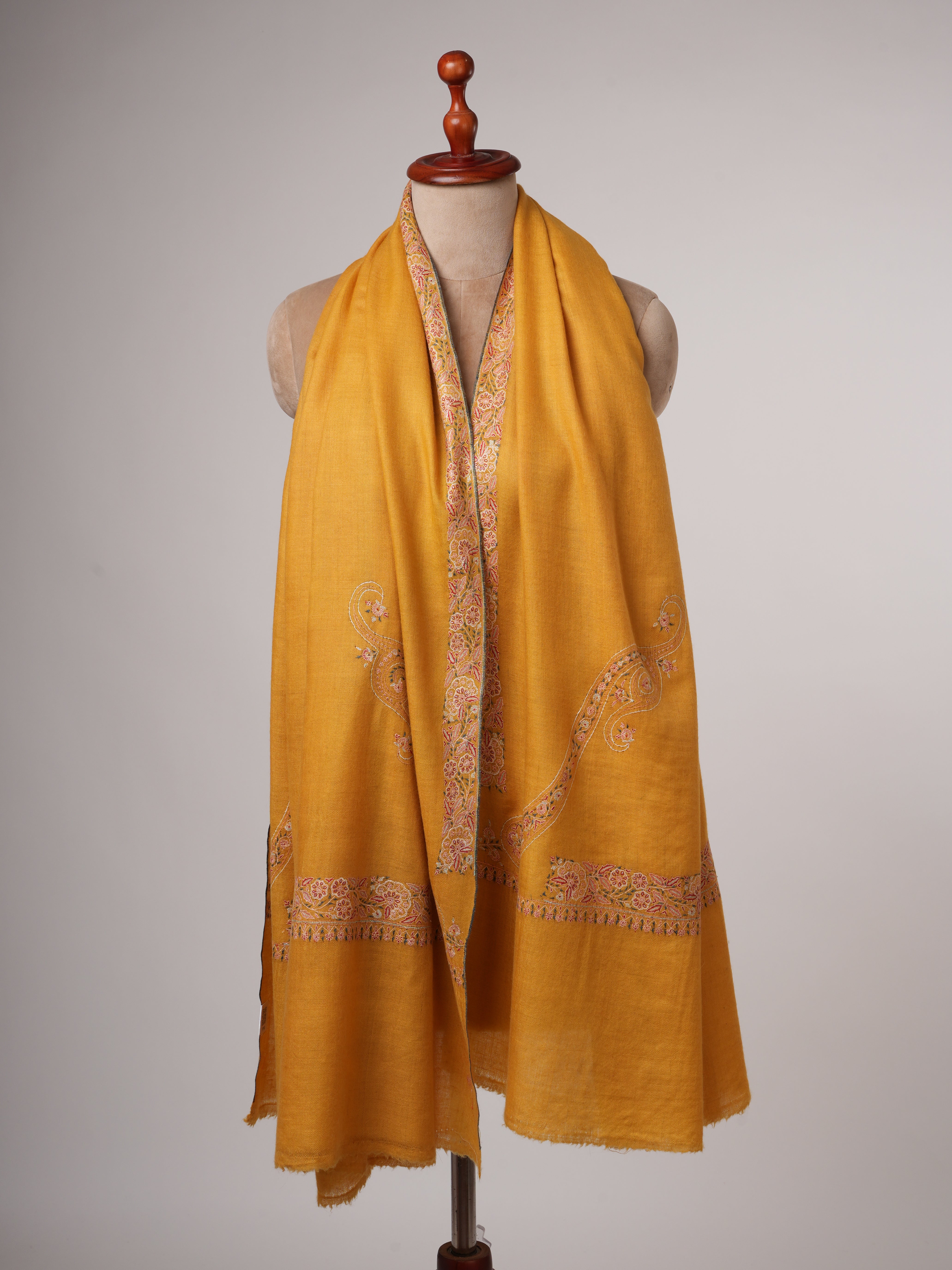 Golden Pashmina Shawl with Fine Border Embroidery & Classic Paisley Corners – Soft & Elegant