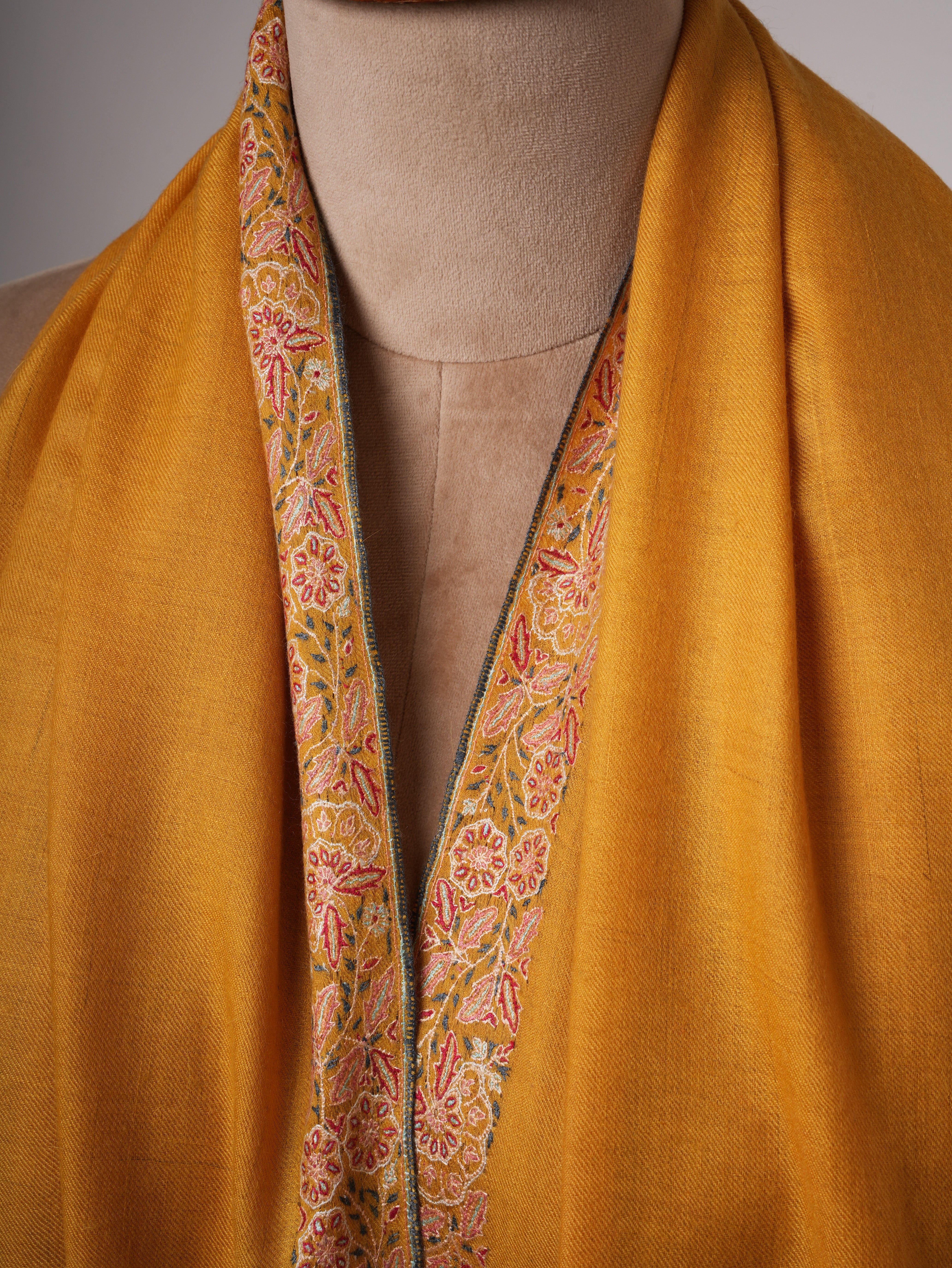 Golden Pashmina Shawl with Fine Border Embroidery & Classic Paisley Corners – Soft & Elegant