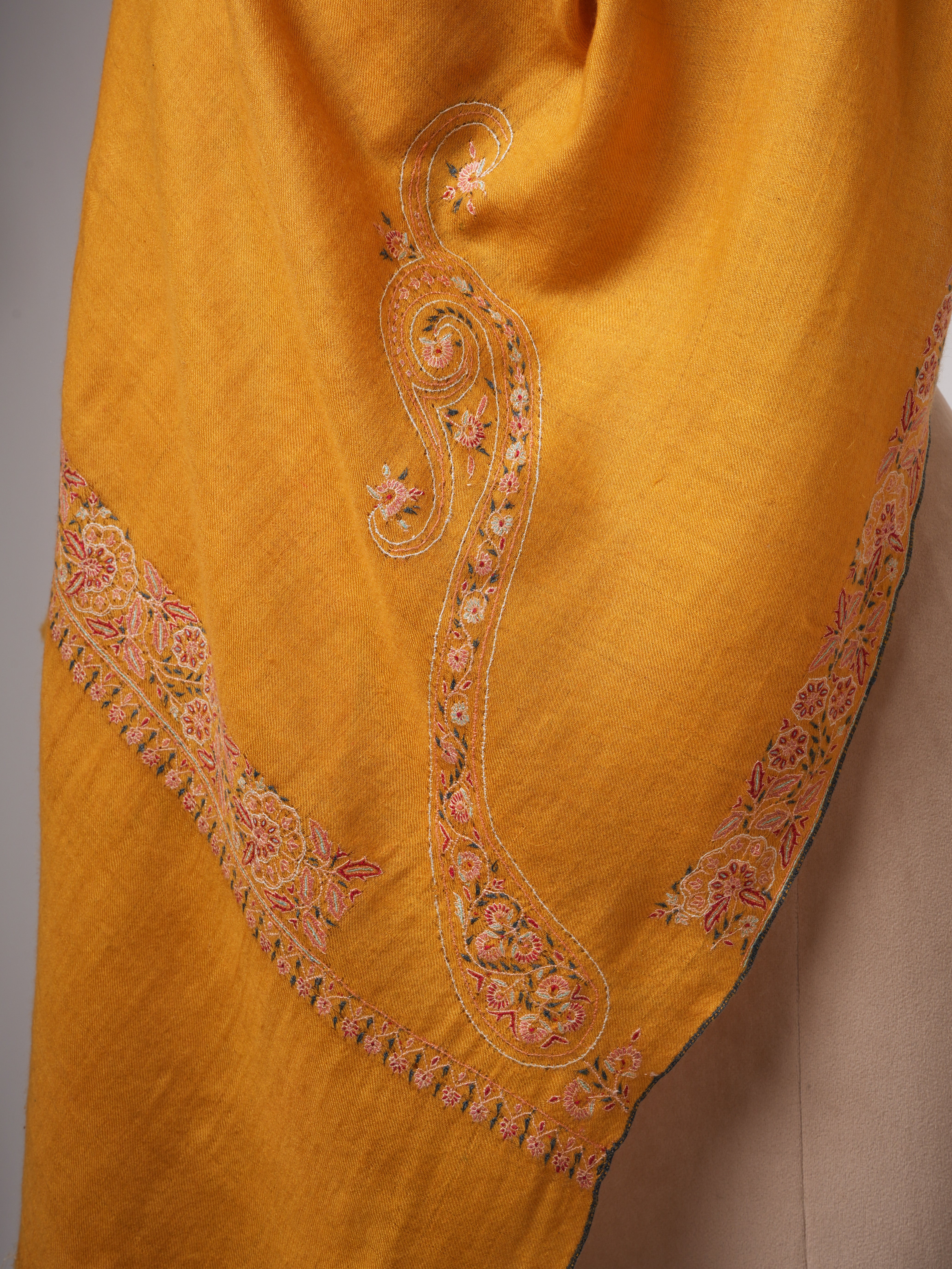 Golden Pashmina Shawl with Fine Border Embroidery & Classic Paisley Corners – Soft & Elegant