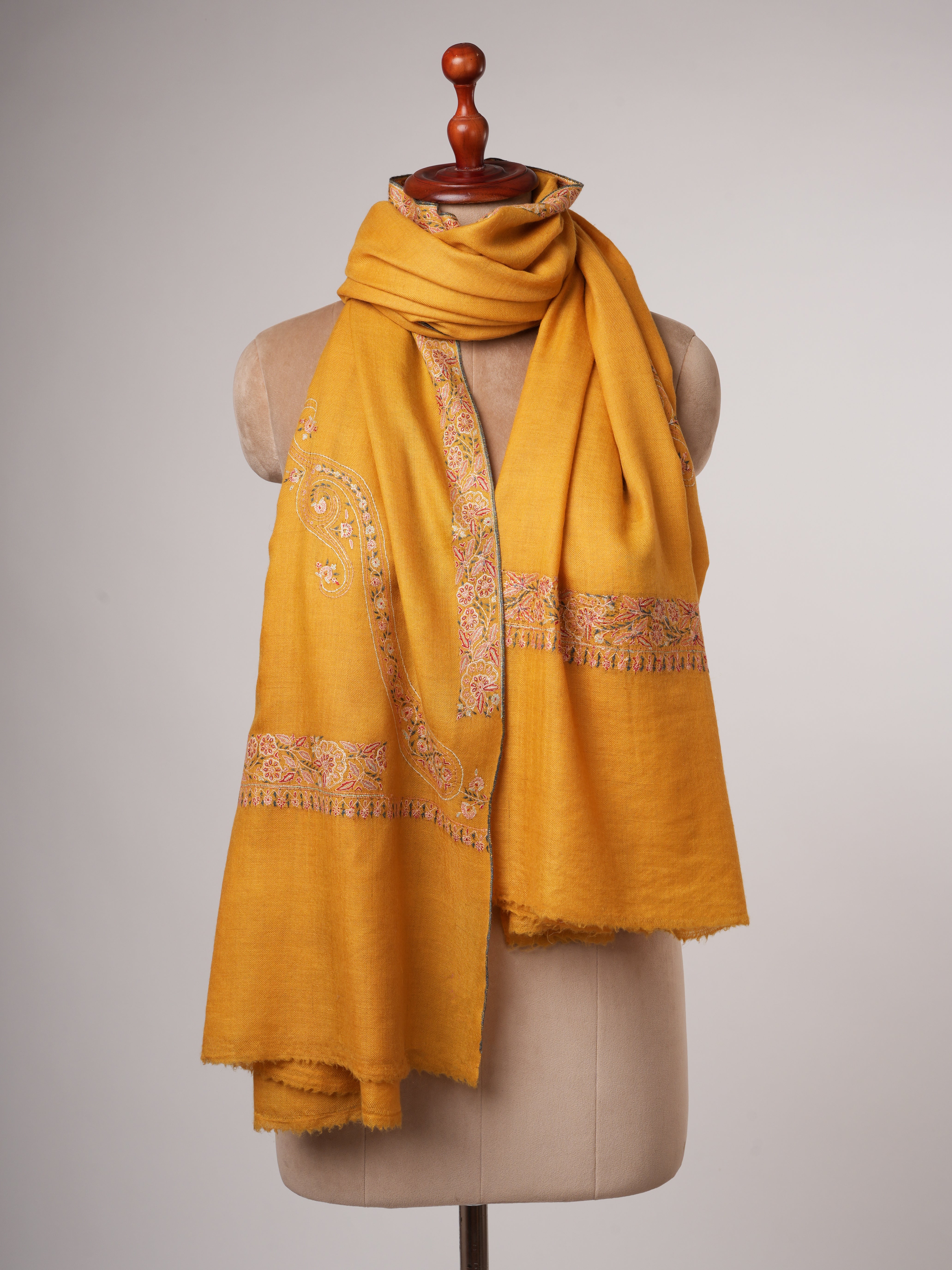 Golden Pashmina Shawl with Fine Border Embroidery & Classic Paisley Corners – Soft & Elegant