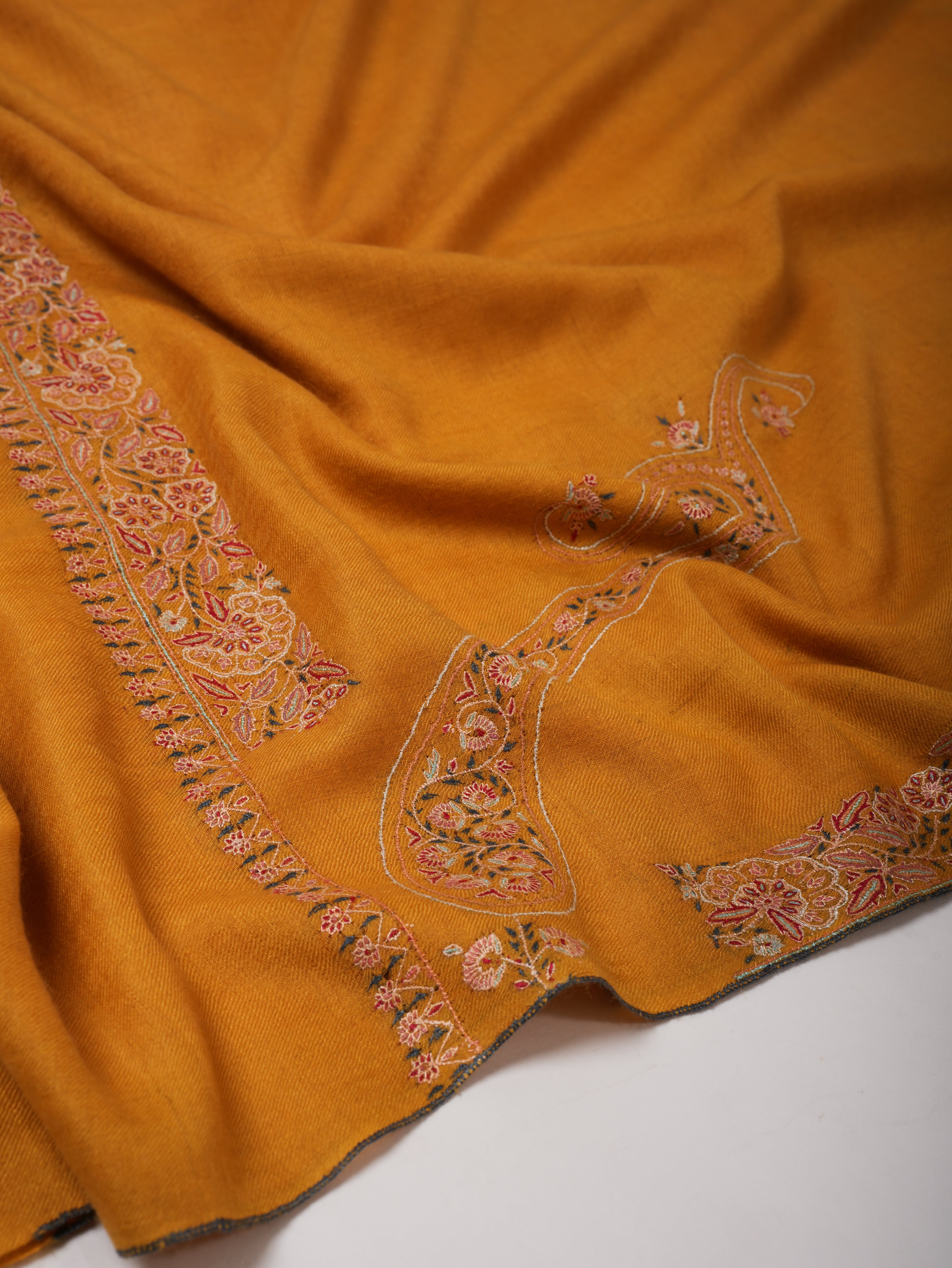 Golden Pashmina Shawl with Fine Border Embroidery & Classic Paisley Corners – Soft & Elegant