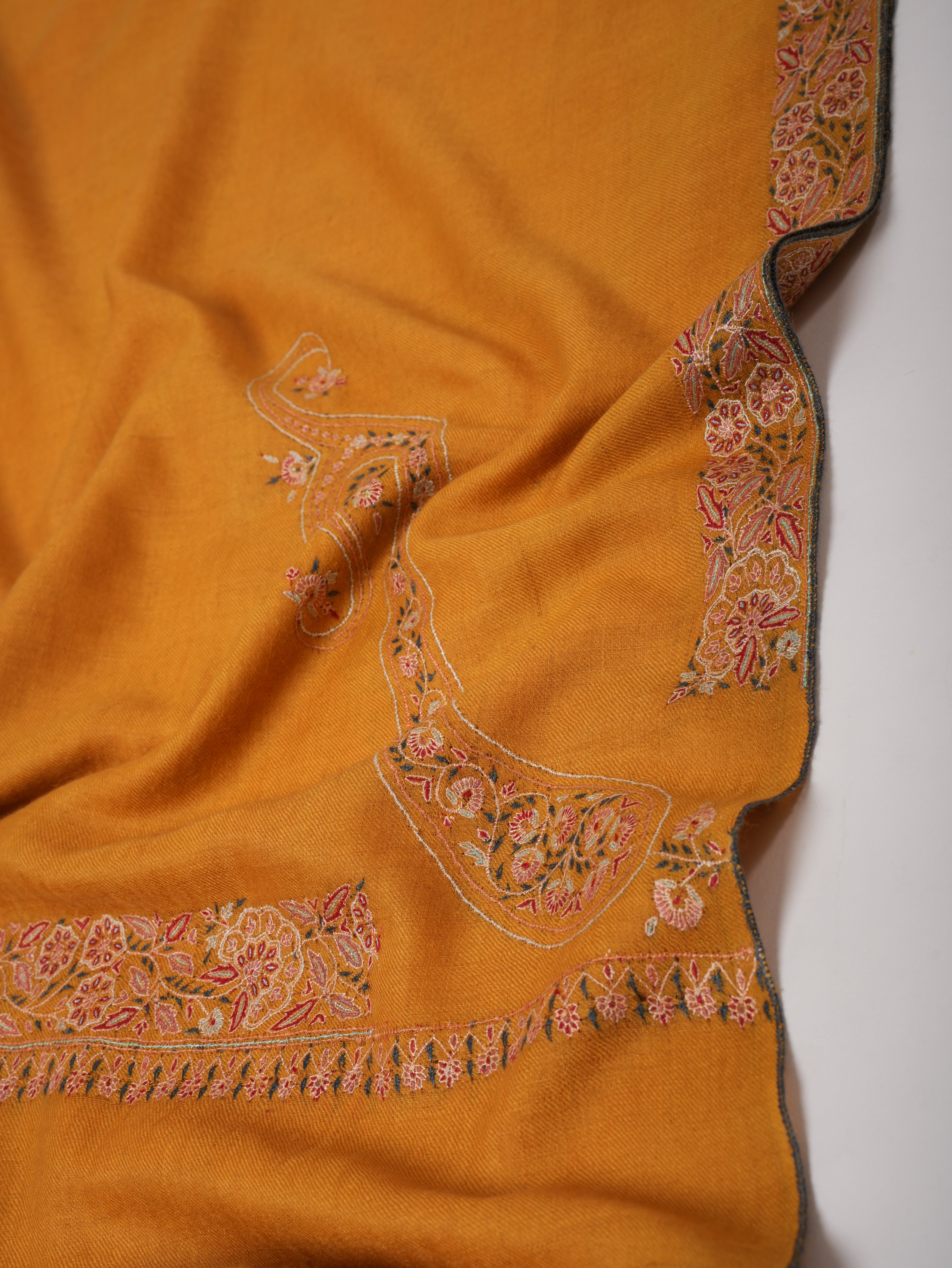 Golden Pashmina Shawl with Fine Border Embroidery & Classic Paisley Corners – Soft & Elegant