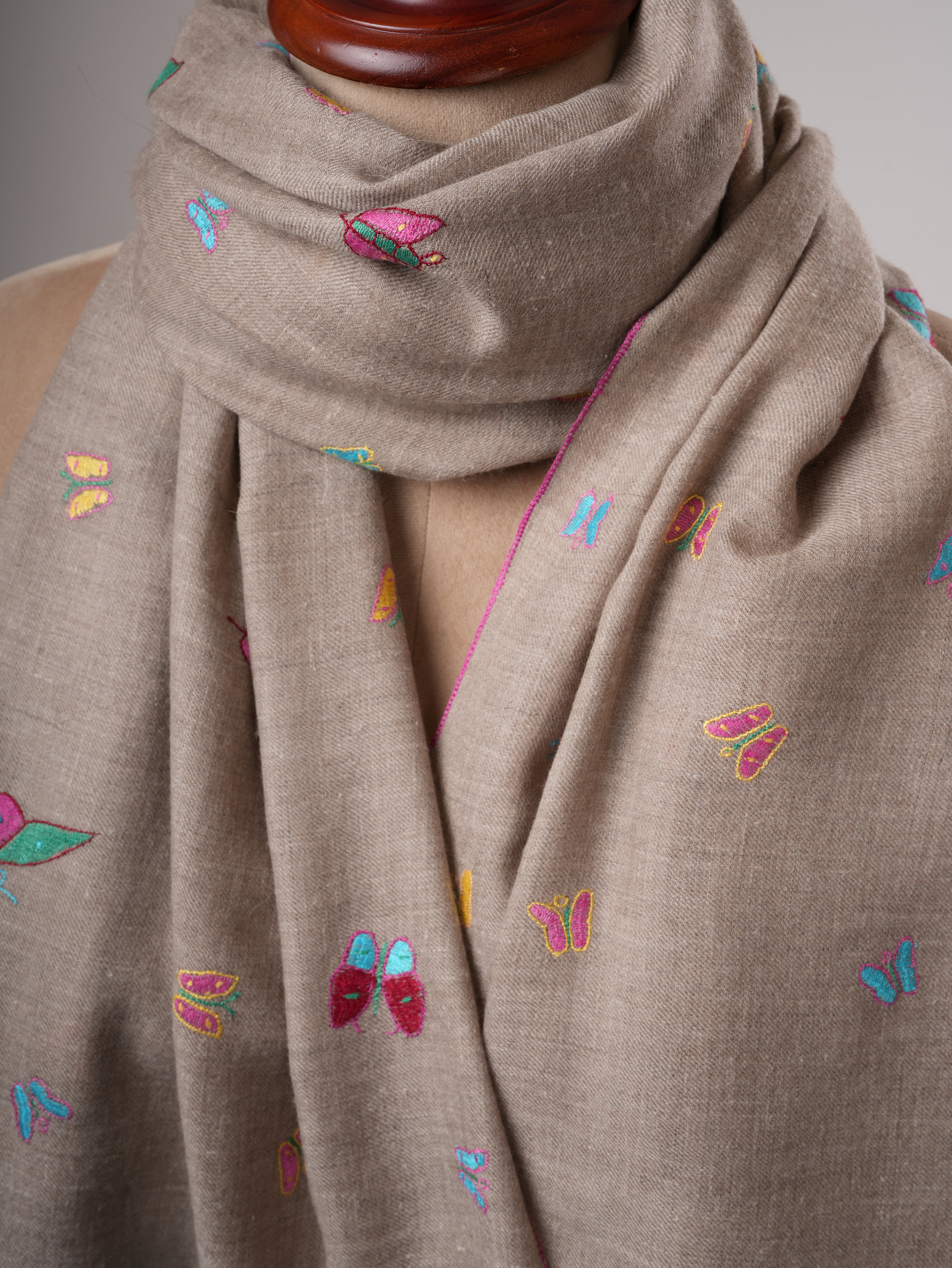 Hand Embroidered Butterfly Motif Indian Pashmina Shawl Shahkaar