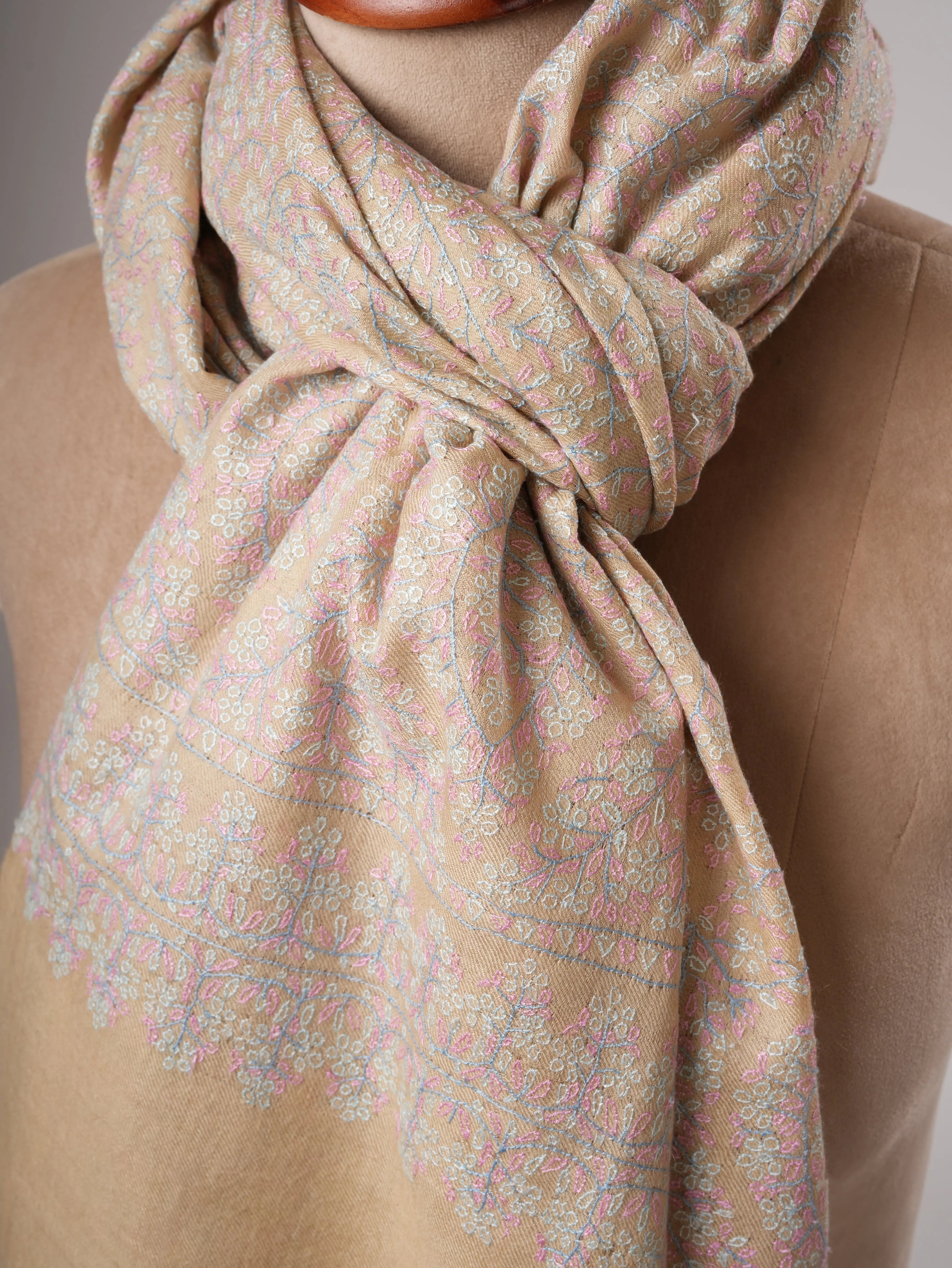 Cream Authentic Kashmiri Pashmina Shawl with Sozni Embroidery Shahkaar
