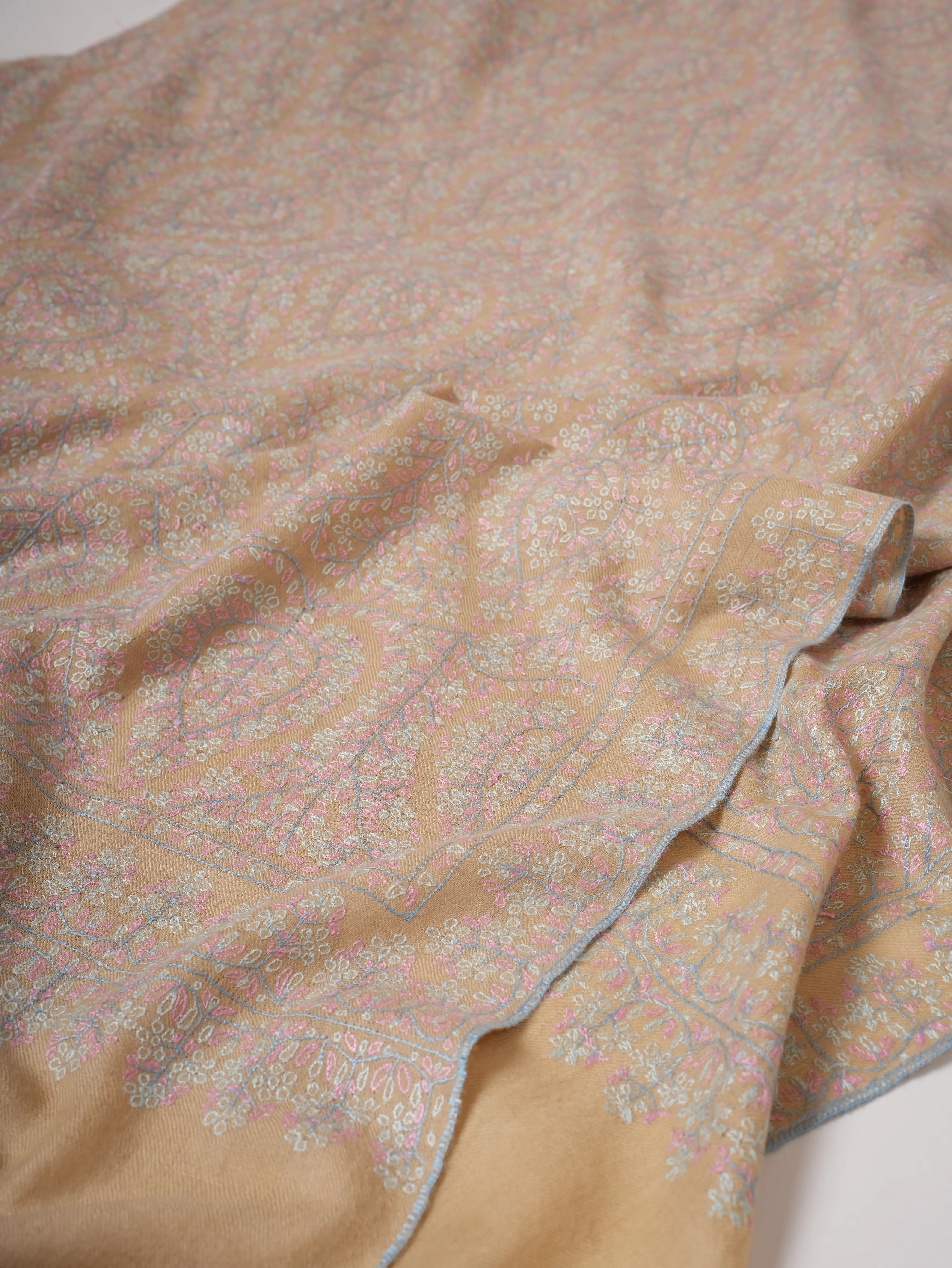 Cream Authentic Kashmiri Pashmina Shawl with Sozni Embroidery Shahkaar