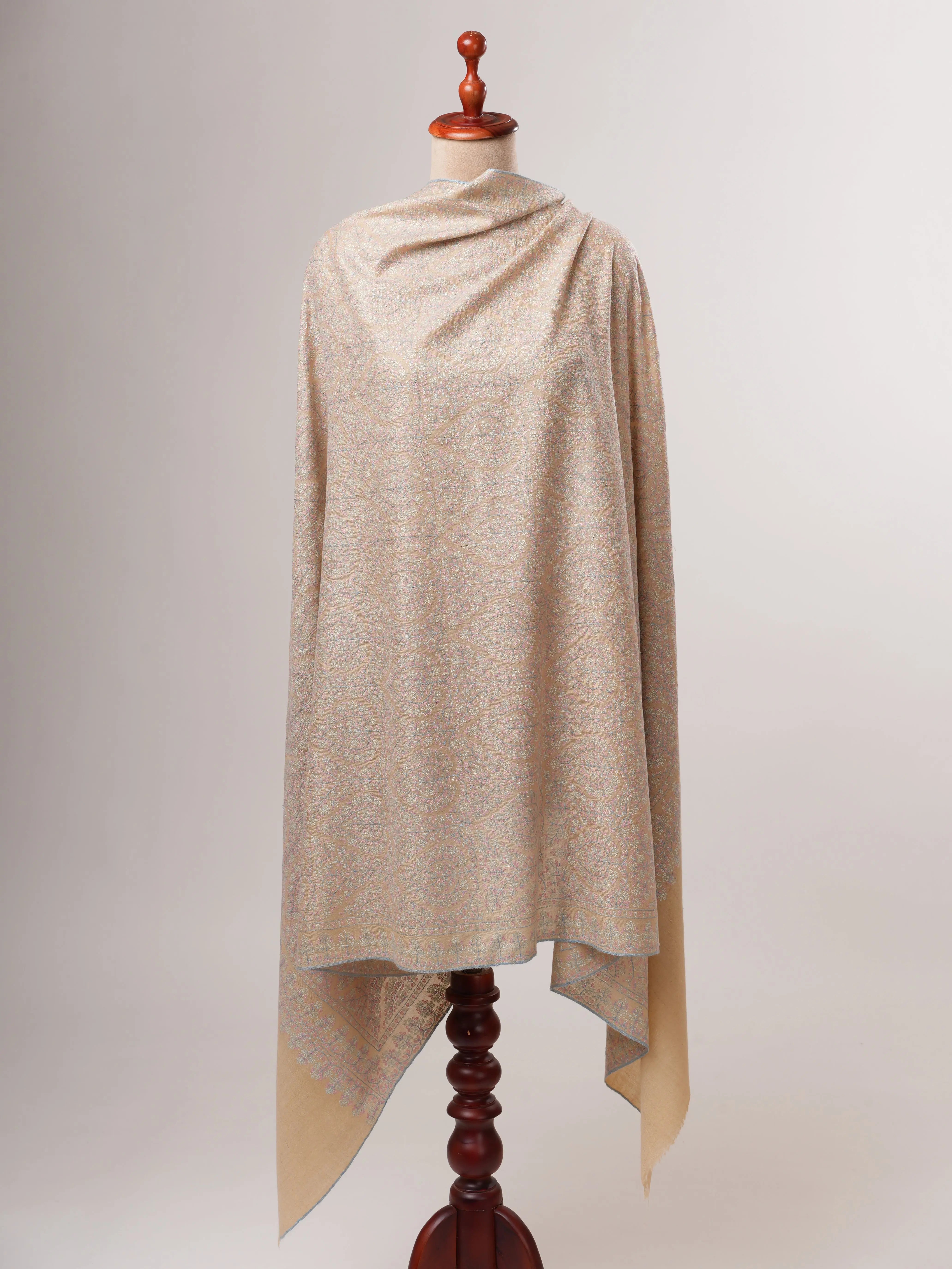Cream Authentic Kashmiri Pashmina Shawl with Sozni Embroidery Shahkaar