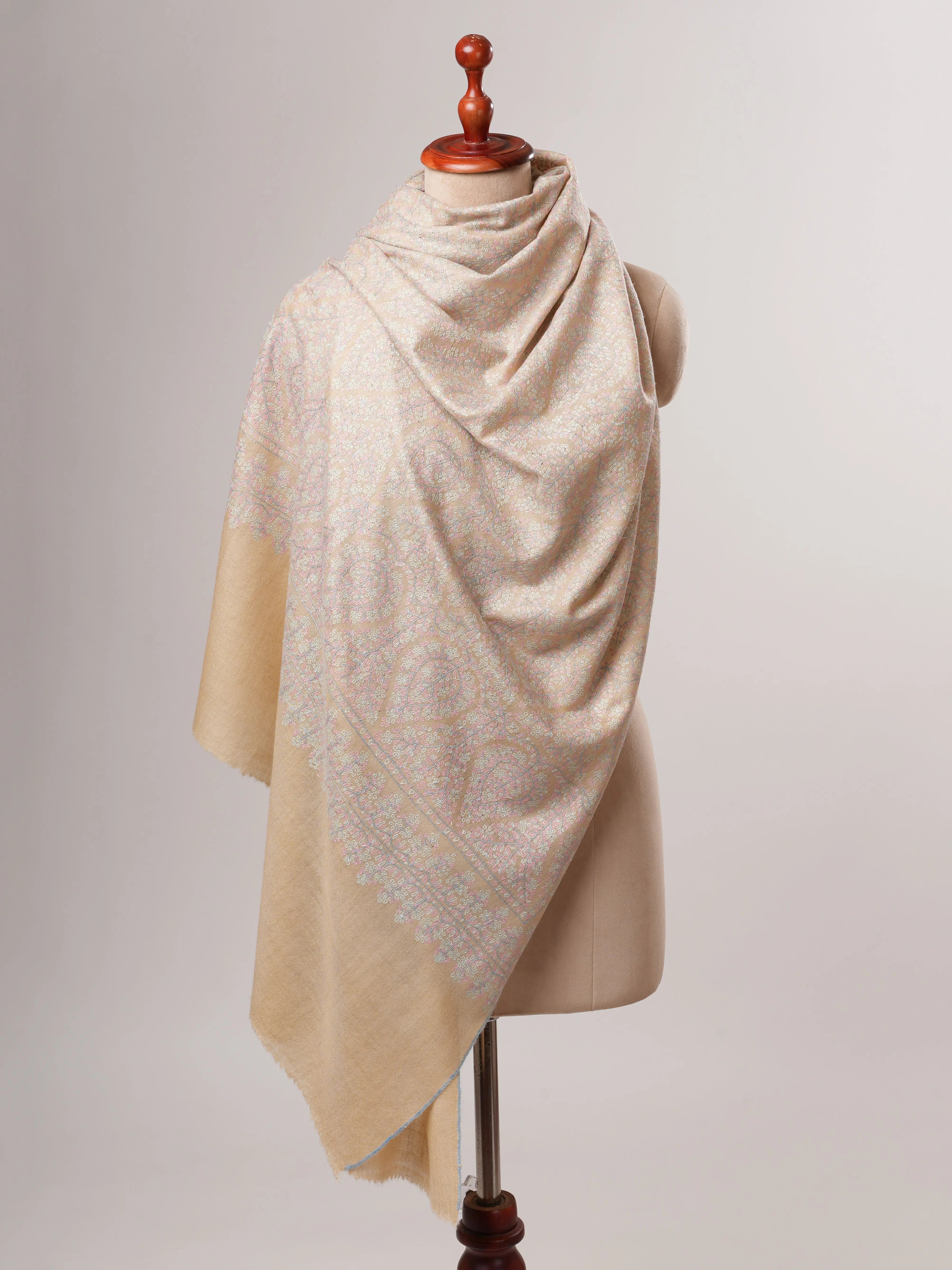 Cream Authentic Kashmiri Pashmina Shawl with Sozni Embroidery Shahkaar