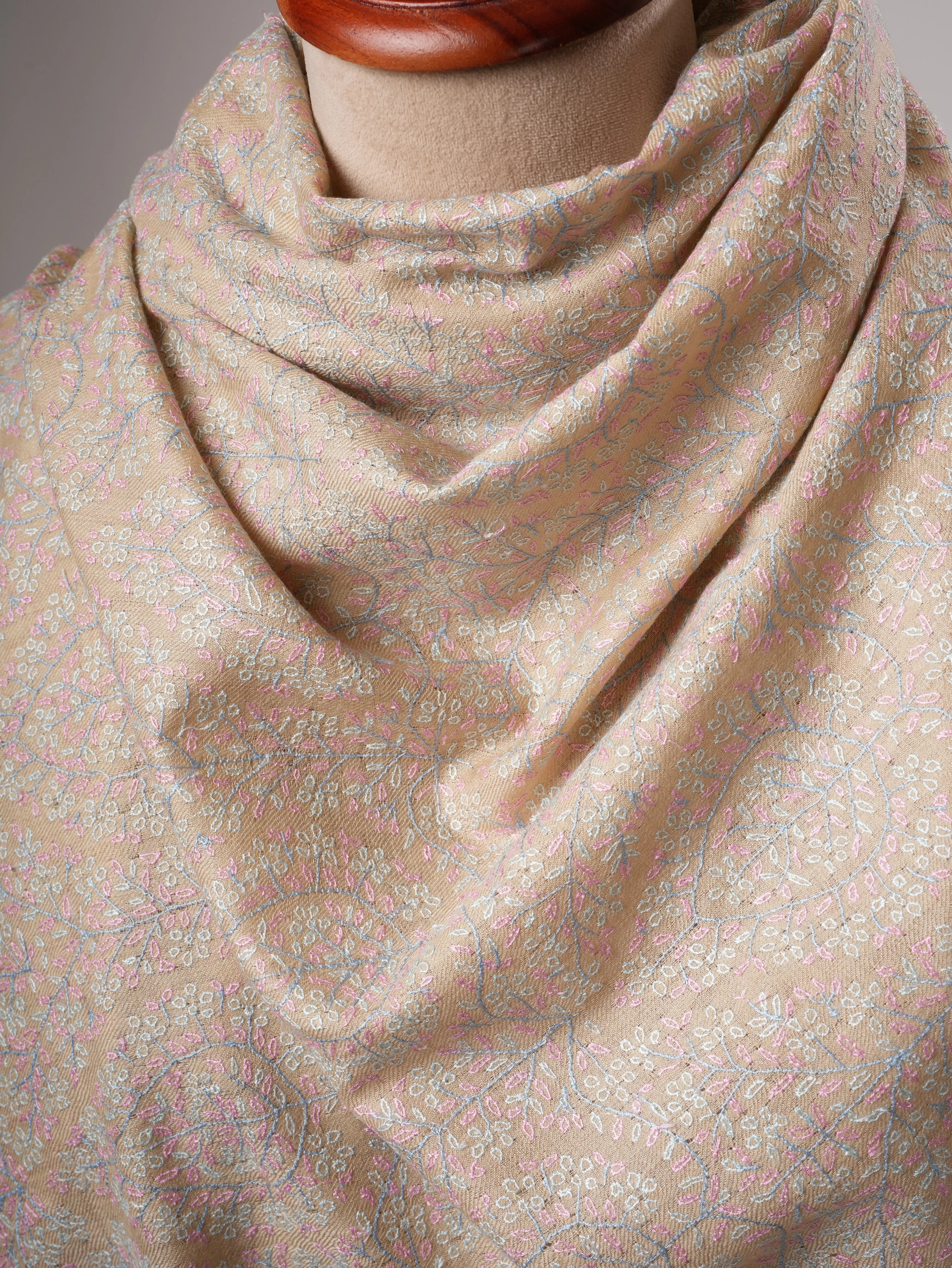 Cream Authentic Kashmiri Pashmina Shawl with Sozni Embroidery Shahkaar