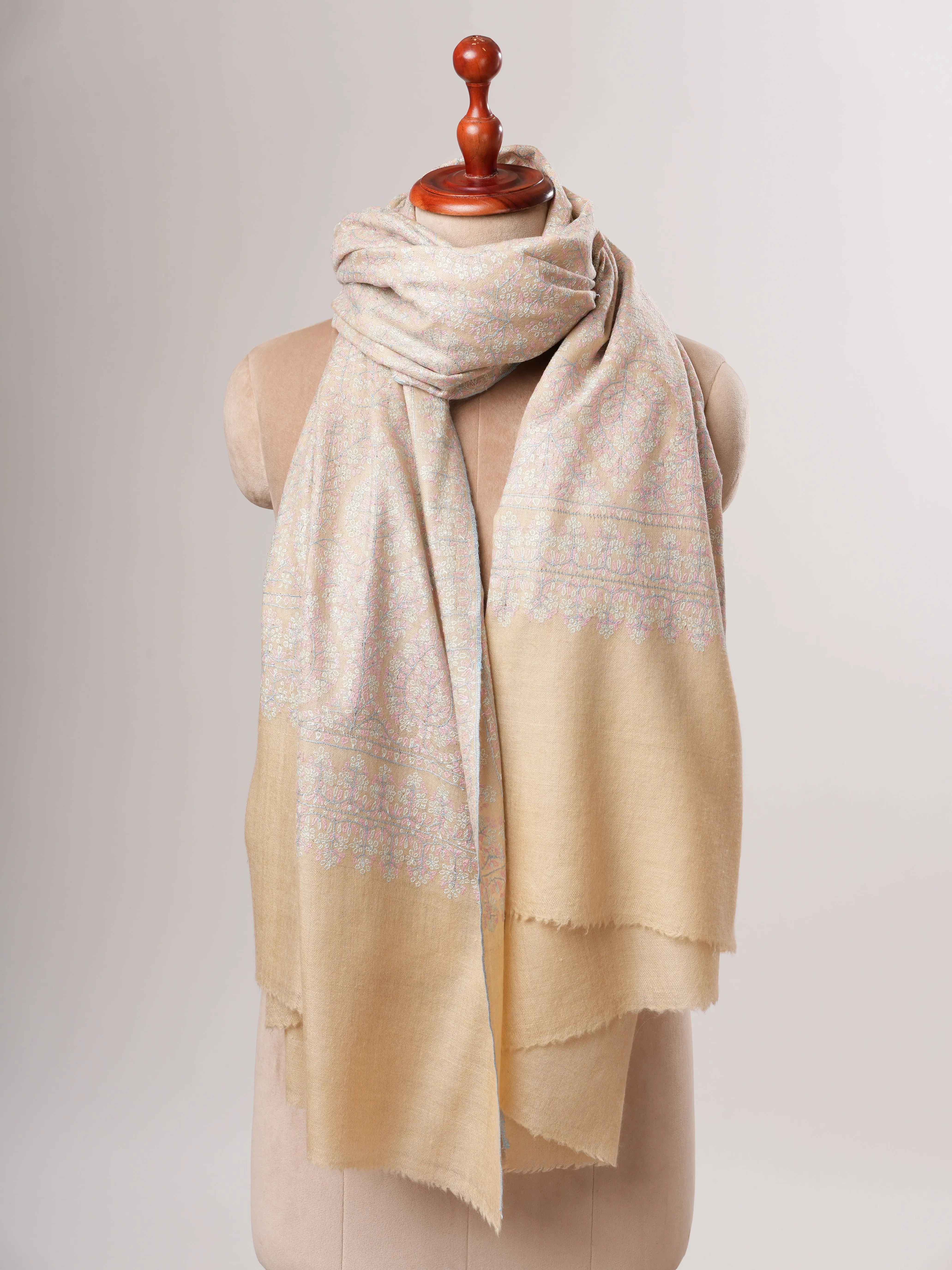 Cream Authentic Kashmiri Pashmina Shawl with Sozni Embroidery Shahkaar
