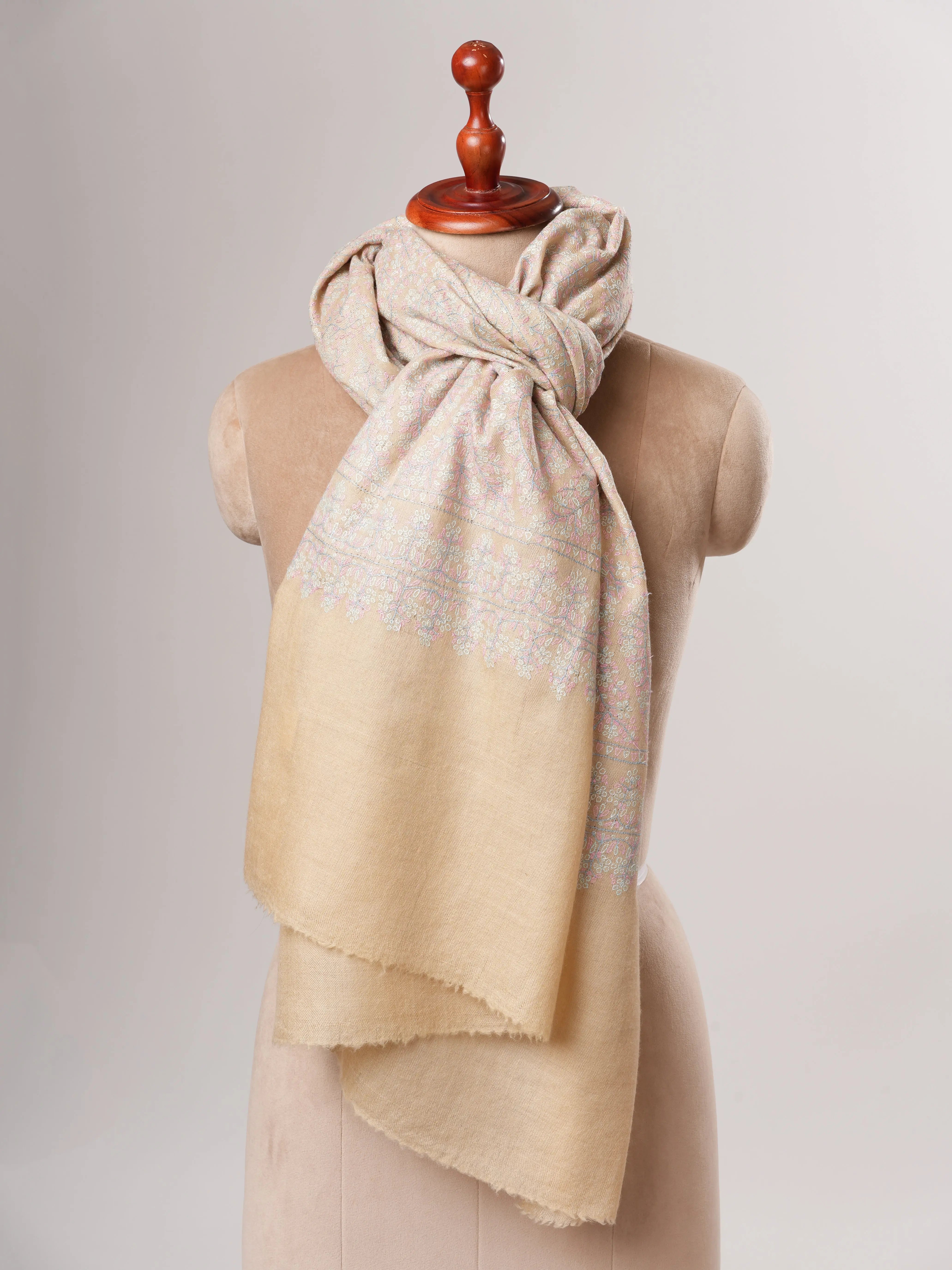 Cream Authentic Kashmiri Pashmina Shawl with Sozni Embroidery Shahkaar