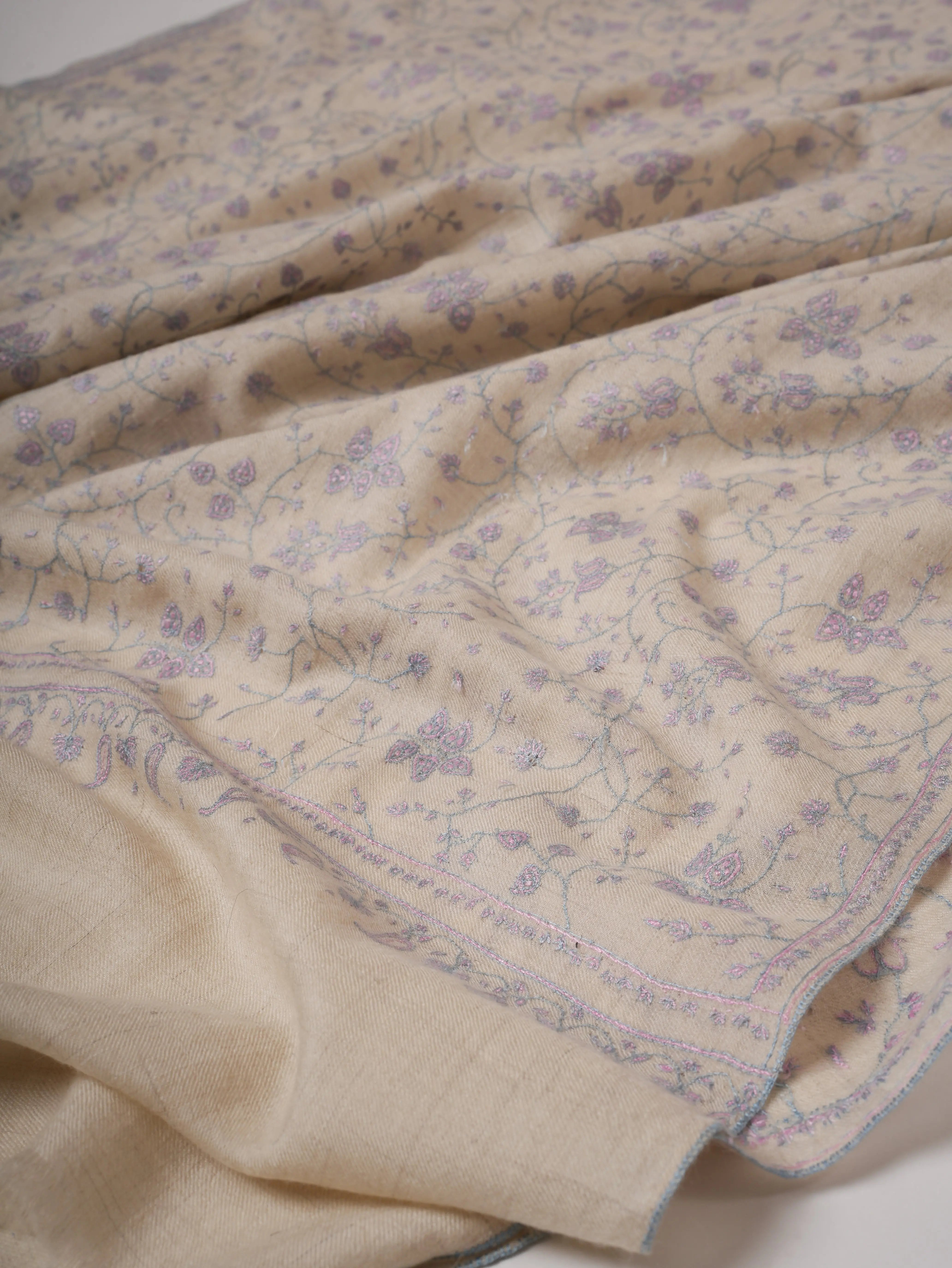 Ivory Pashmina Shawl with Pastel Jali Needlework Embroidery Shahkaar